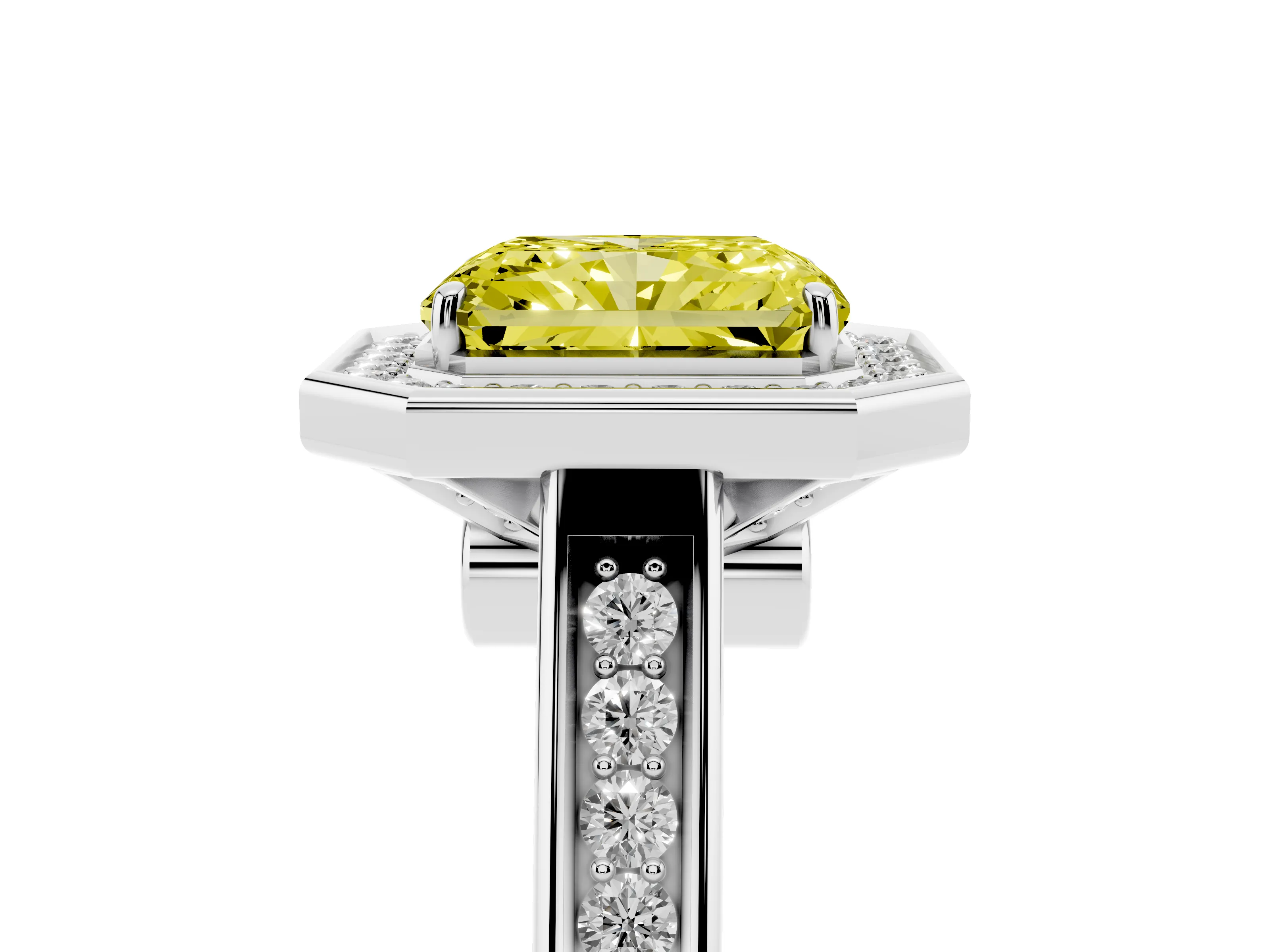 Fancy Yellow Radiant Cut Diamond Halo Solitaire Ring Set in Silver with Pavé Band and Bezel Setting