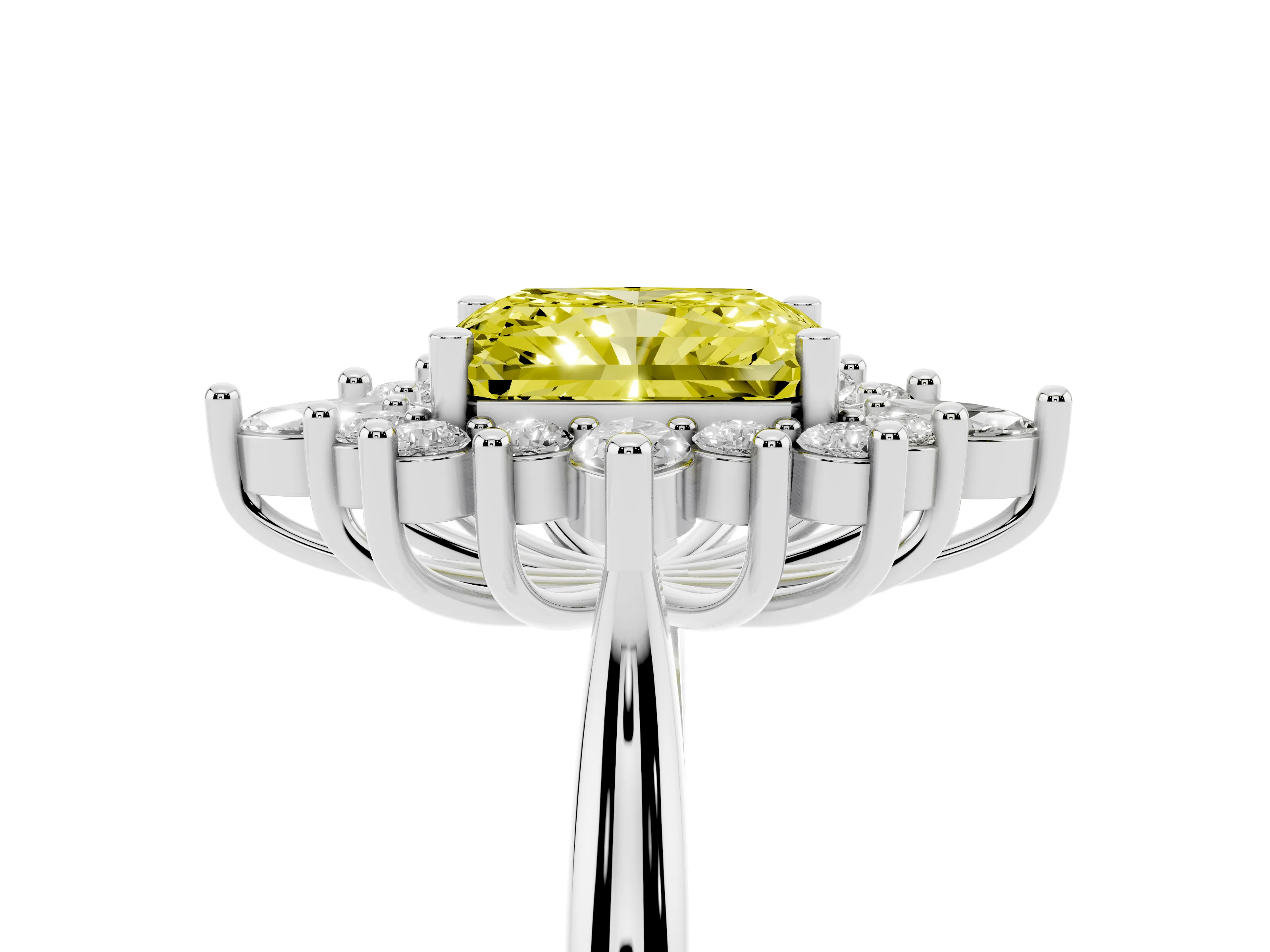 Fancy Yellow Radiant Cut Diamond Cluster Halo Ring Set in Platinum with Marquise and Round Accents