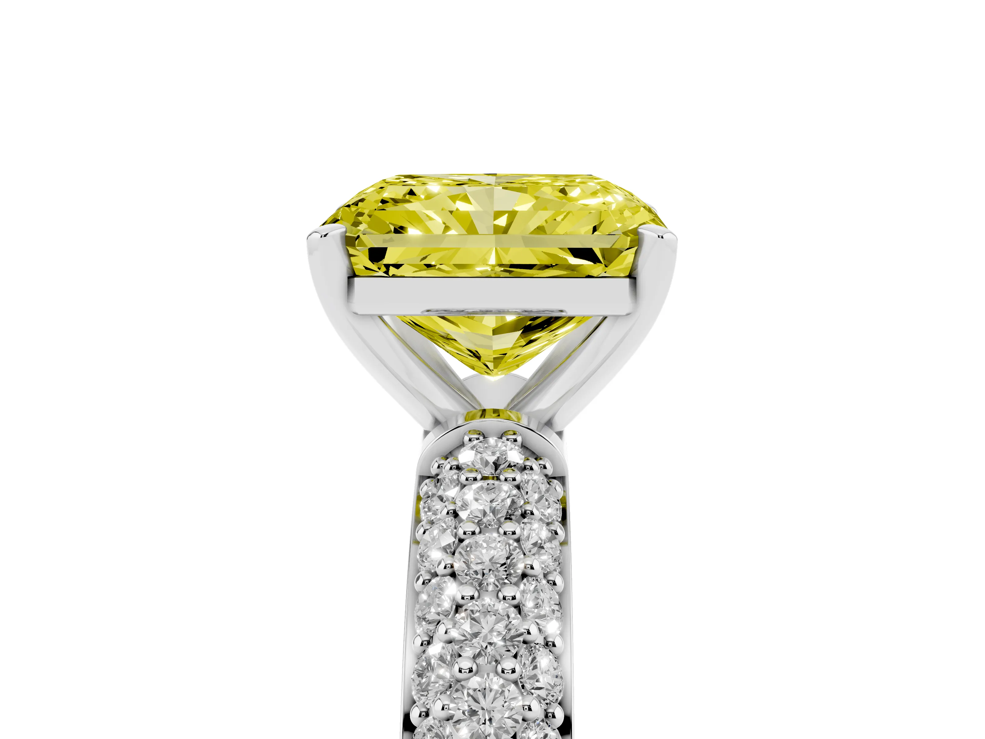 Fancy Yellow Radiant Cut Diamond Solitaire Ring Set in Silver with Prong Setting and Pavé-Set Band