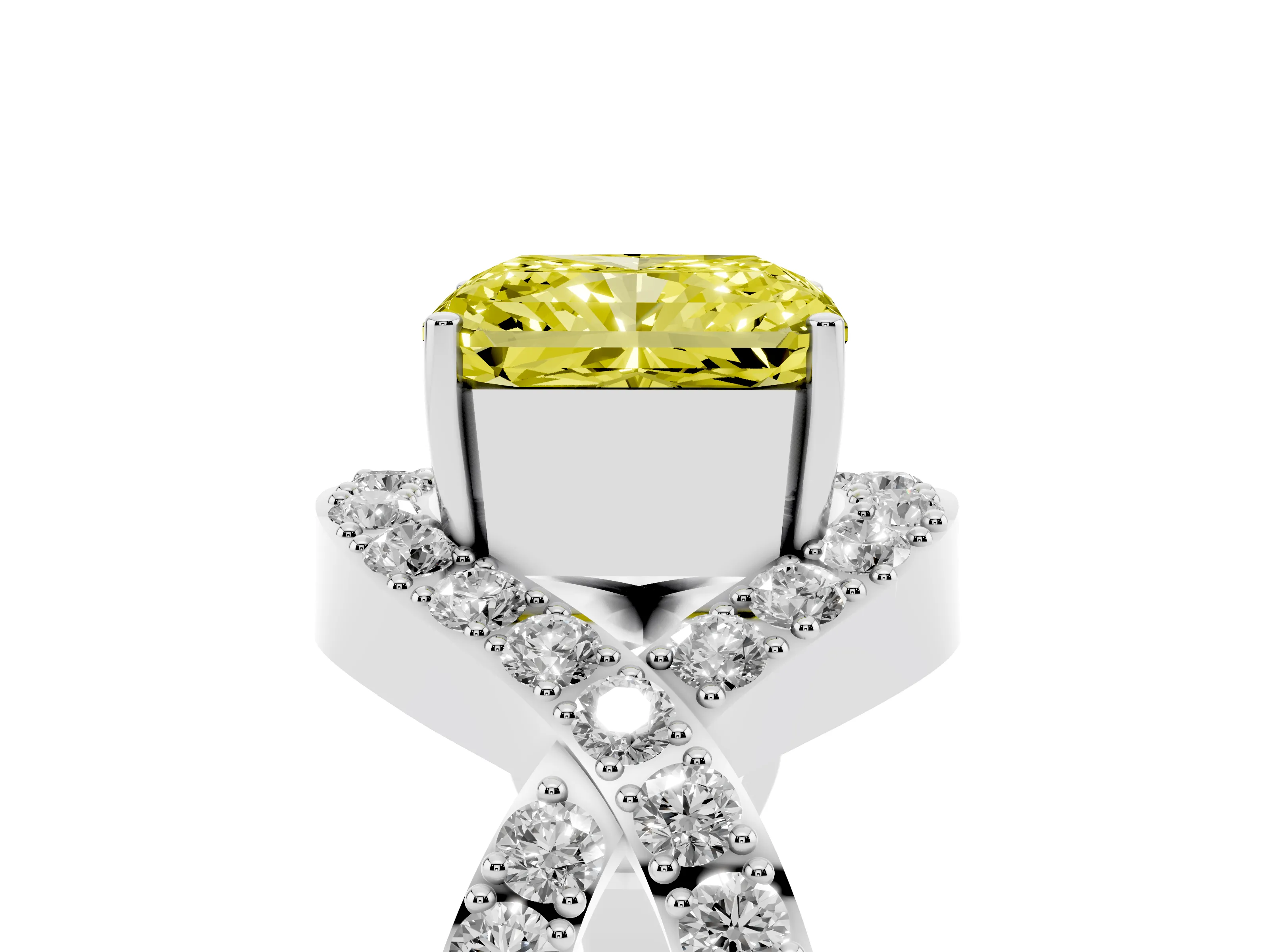 Fancy Yellow Radiant Cut Diamond Solitaire Twist Band Pavé Engagement Ring Set in Silver