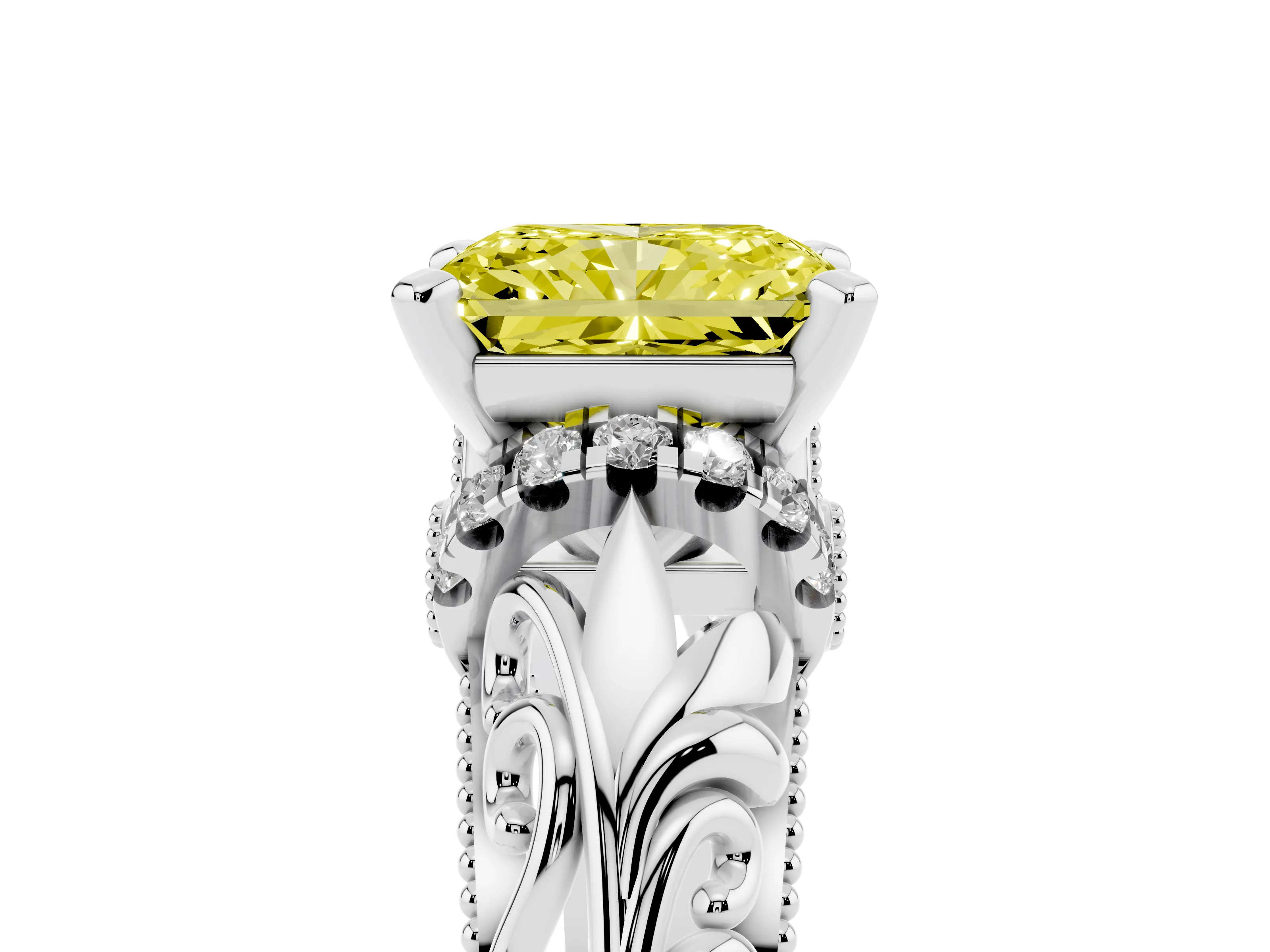 Fancy Yellow Radiant Cut Diamond Filigree Halo Engagement Ring Set in White gold with Prong Setting