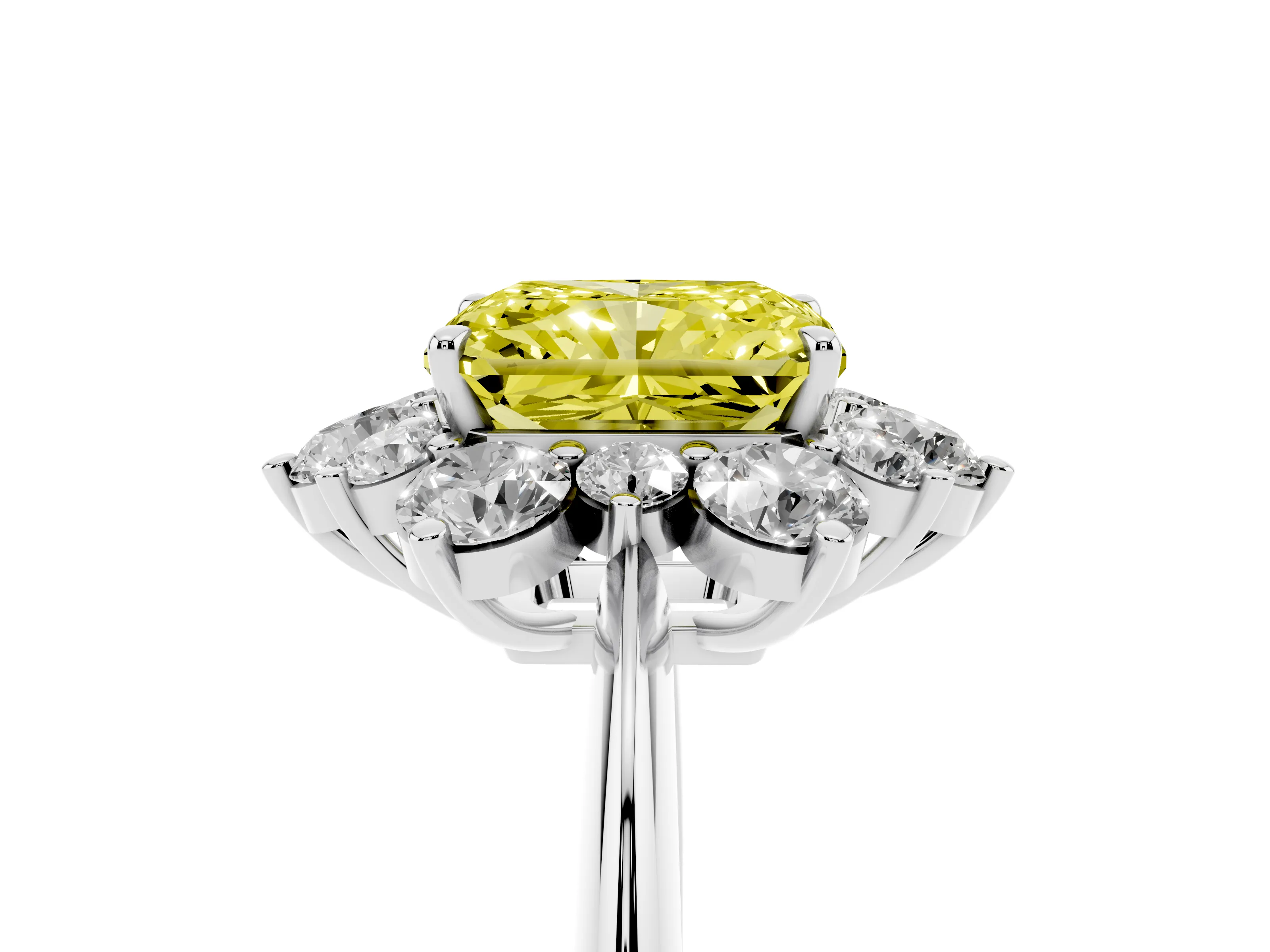 Fancy Yellow Radiant Cut Diamond Cluster Halo Ring Set in Silver with Solitaire Band and Prong Setting