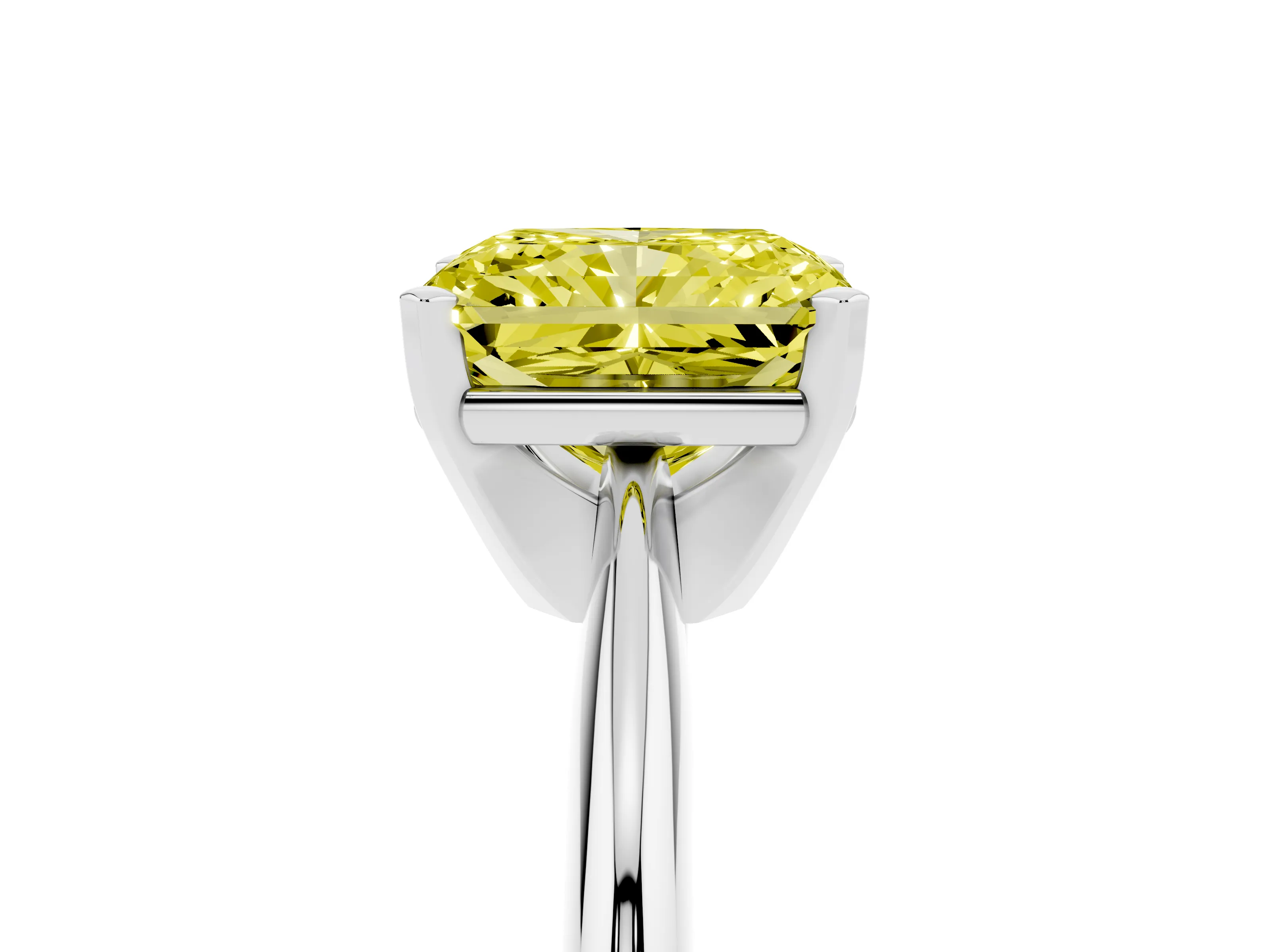 Fancy Yellow Radiant Cut Diamond Solitaire Ring Set in White gold with Prong Setting on a Plain Round Band