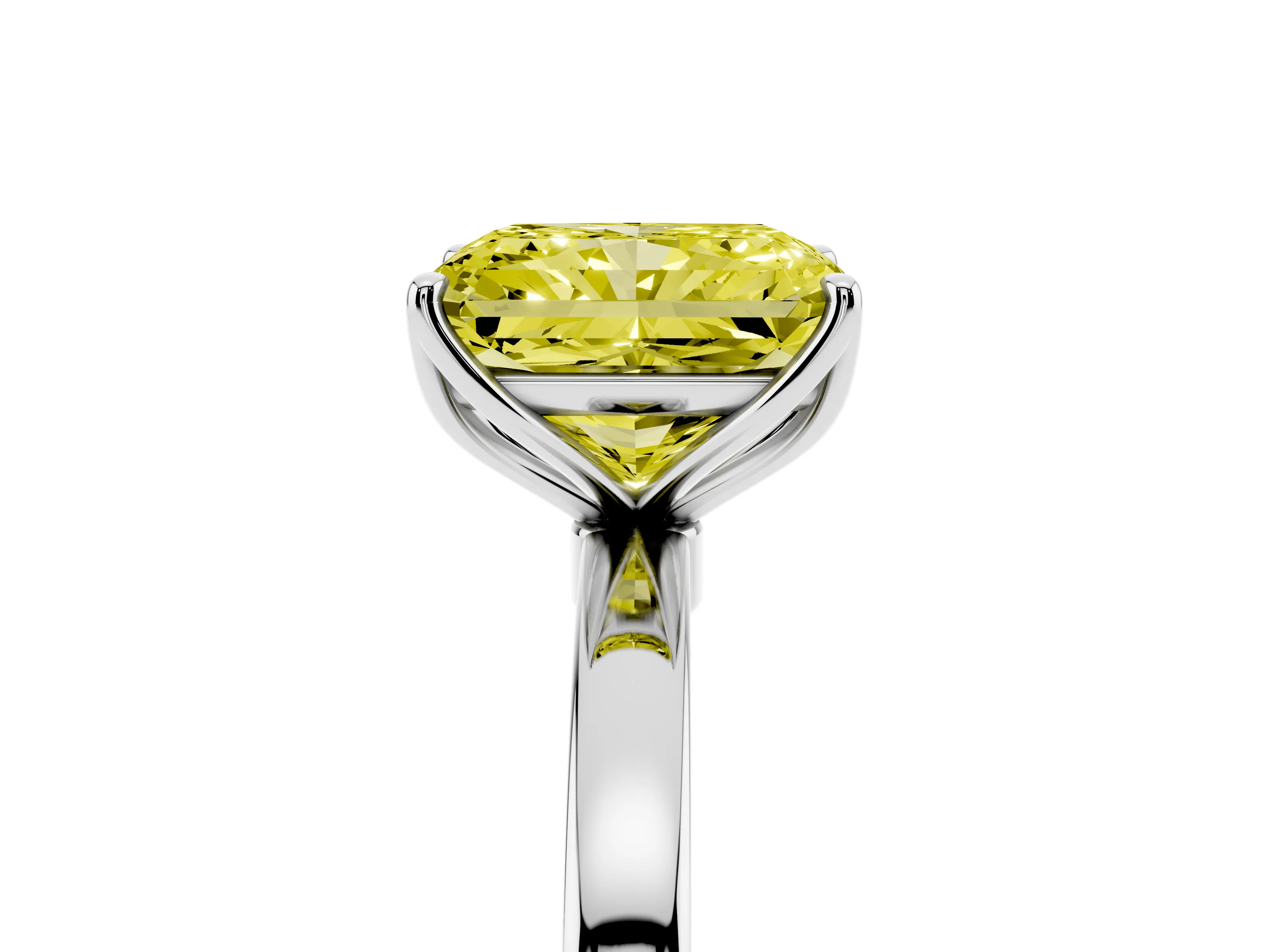 Fancy Yellow Radiant Cut Diamond Solitaire Ring Set in White gold with Prong Setting and Thin Polished Band