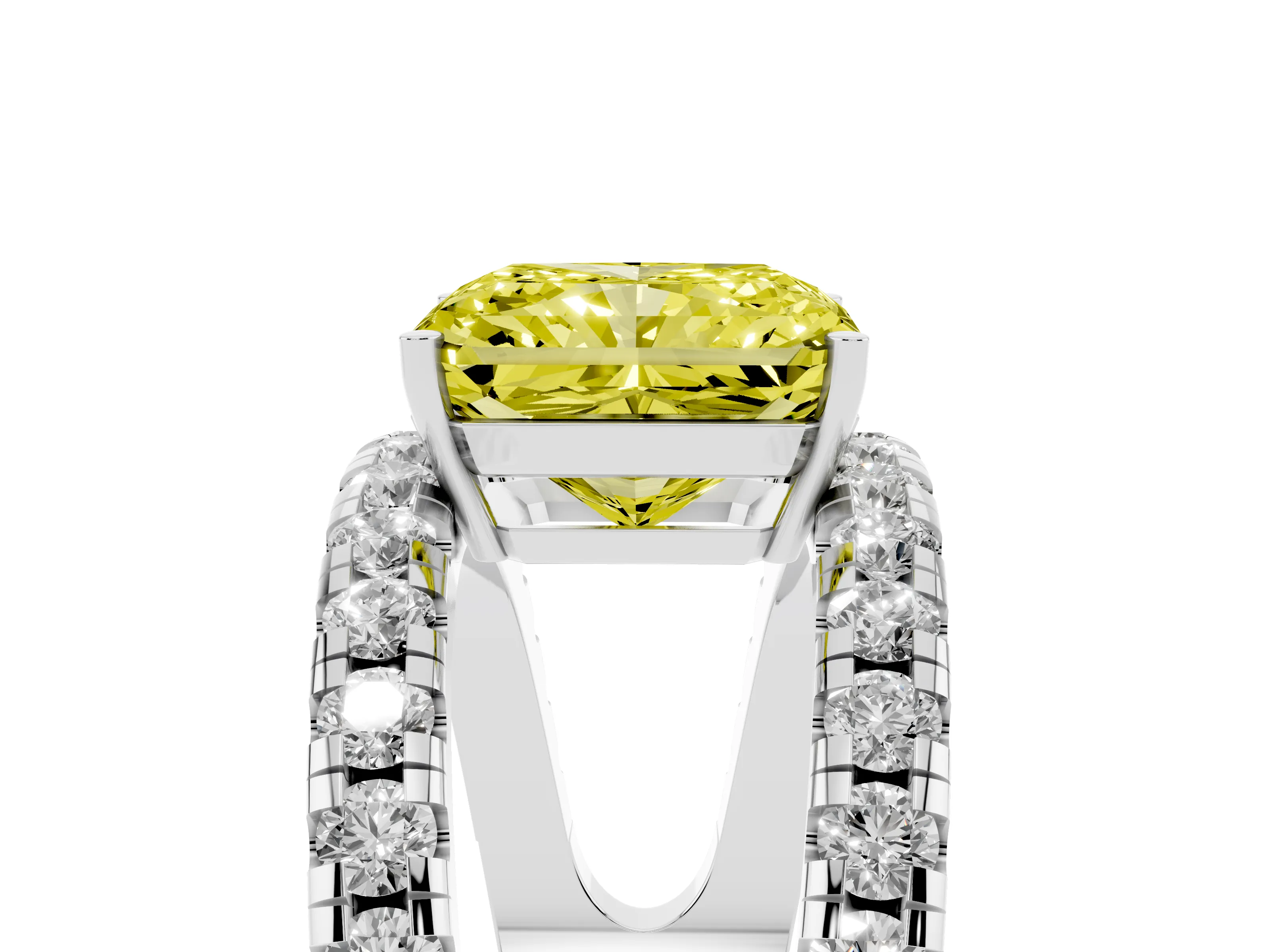 Fancy Yellow Radiant Cut Diamond Split Shank Pavé Solitaire Ring Set in Platinum with Open Shank Design