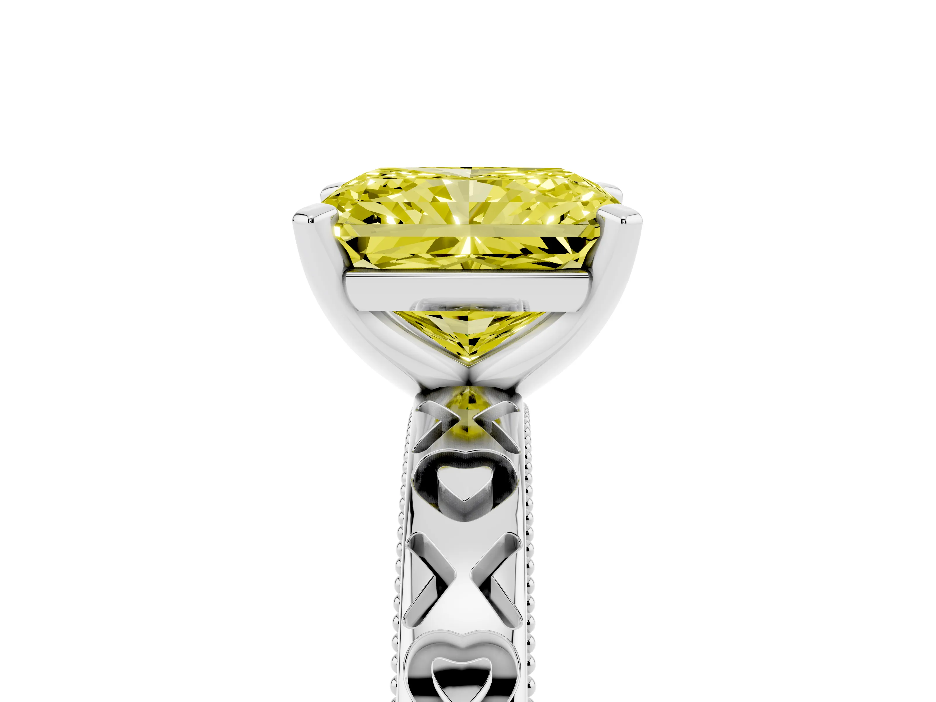 Fancy Yellow Radiant Cut Diamond Solitaire Engagement Ring Set in White gold with XO Engraved Band and Prong Setting