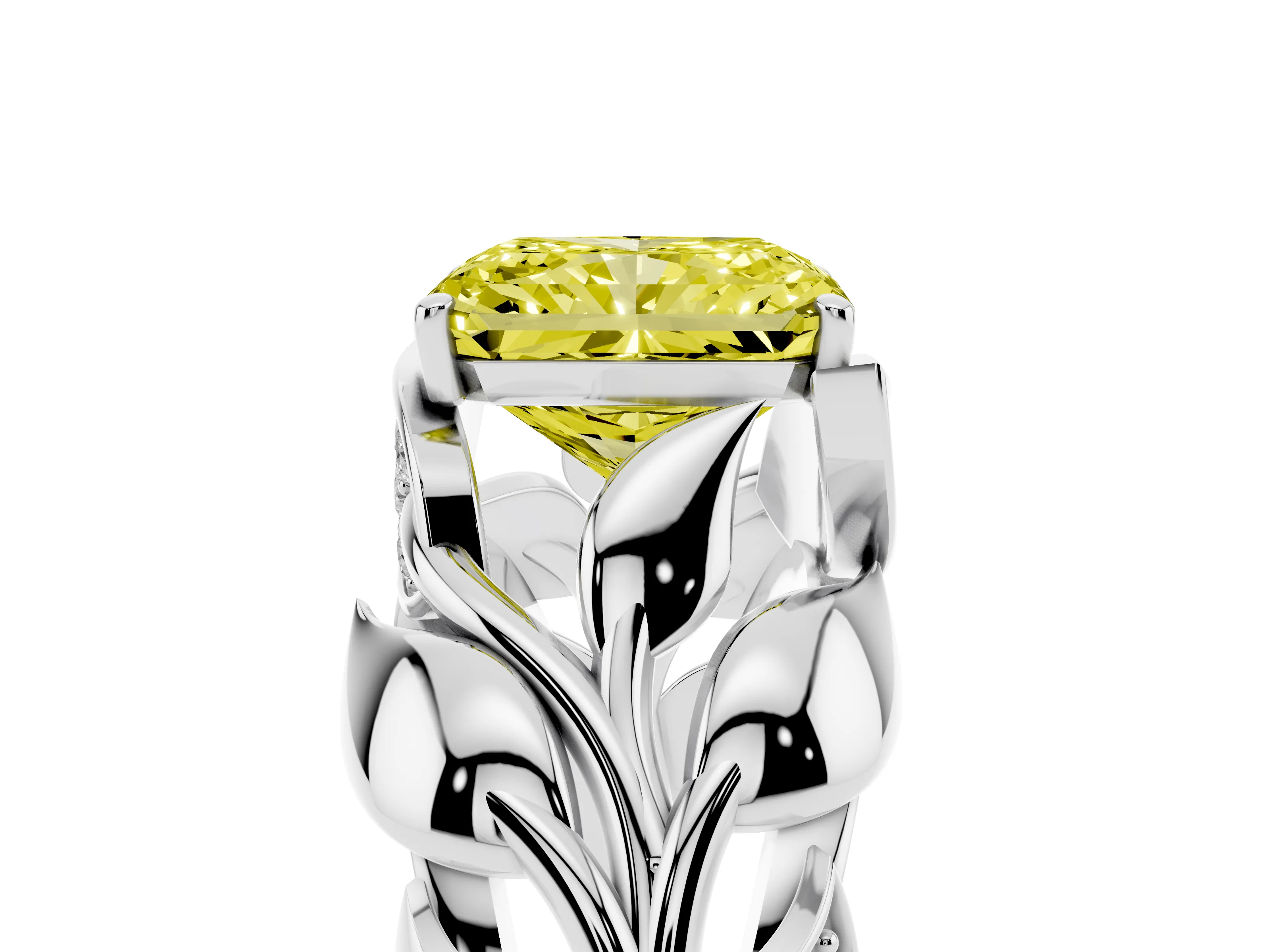 Fancy Yellow Radiant Cut Diamond Leaf-Inspired Engagement Ring Set in Platinum with Round Accents