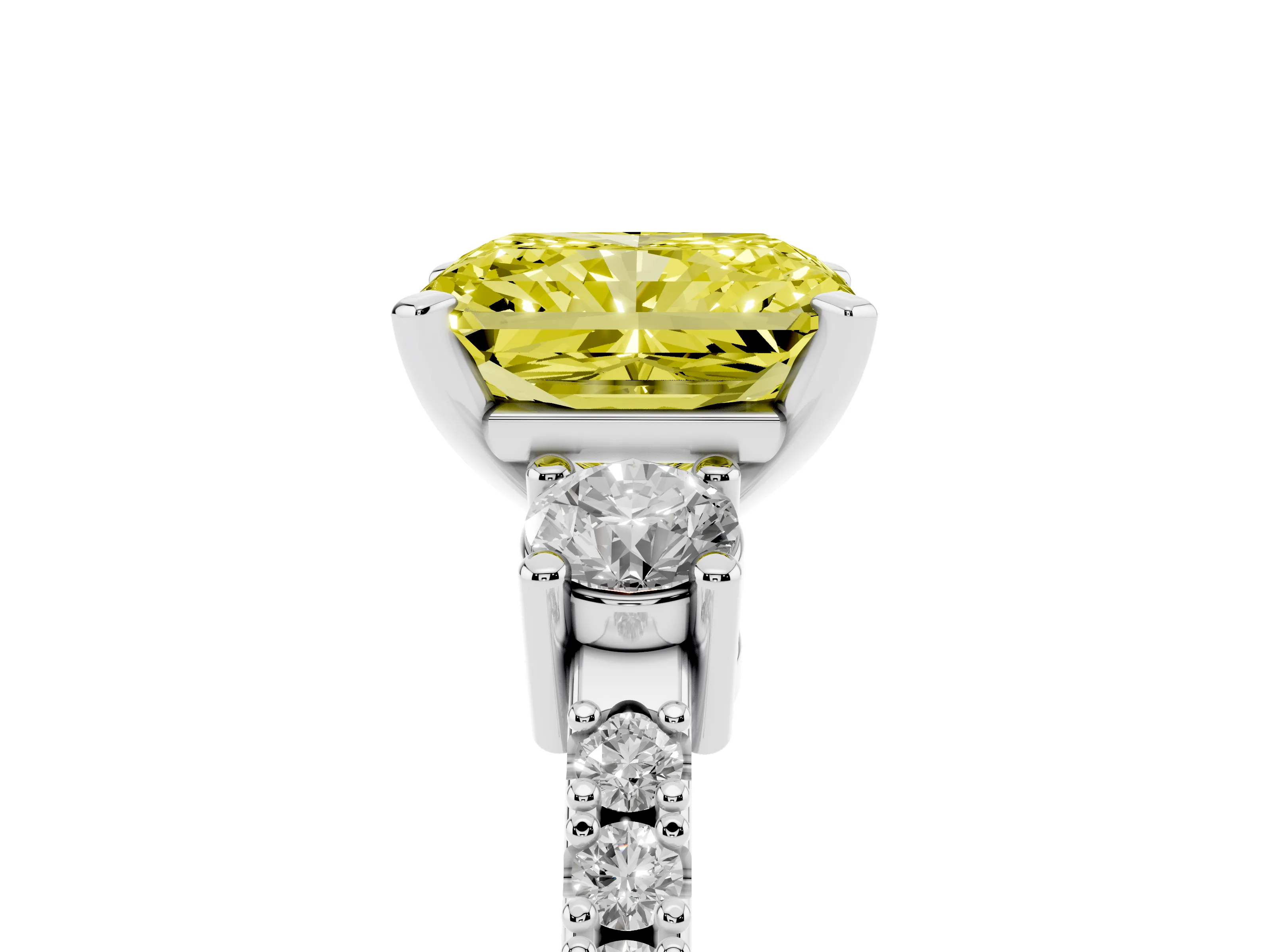 Fancy Yellow Three-Stone Radiant Cut Diamond Pavé Band Ring Set in Platinum with Prong Setting