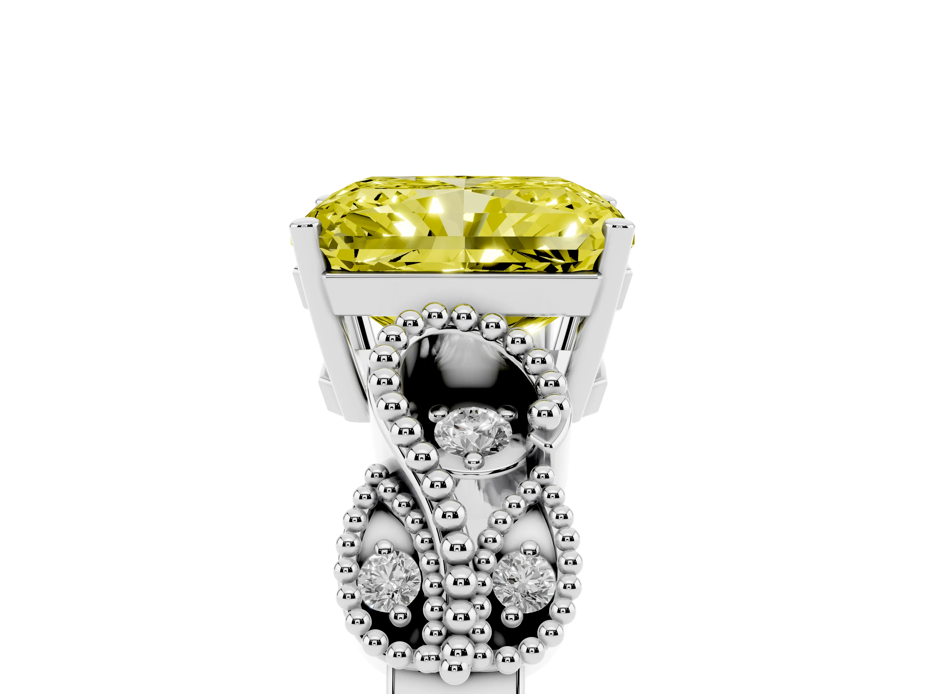 Fancy Yellow Radiant Cut Diamond Milgrain Leaf Band Solitaire Ring Set in Platinum with Accent Stones and Prong Setting