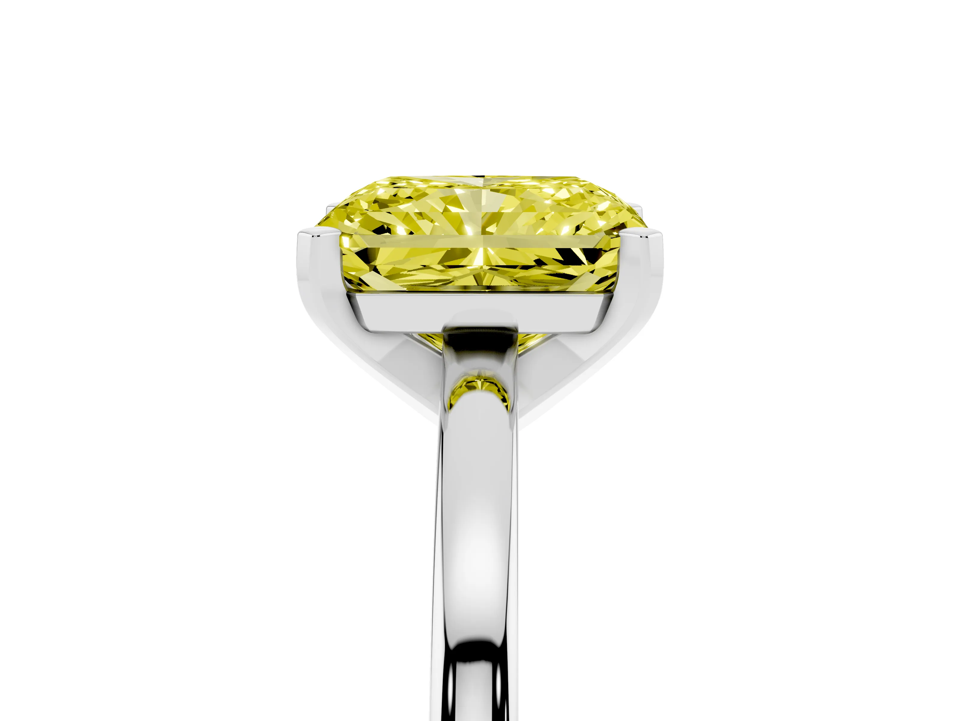 Fancy Yellow Radiant Cut Diamond Solitaire Engagement Ring Set in Platinum with Prong Setting on a Classic Band