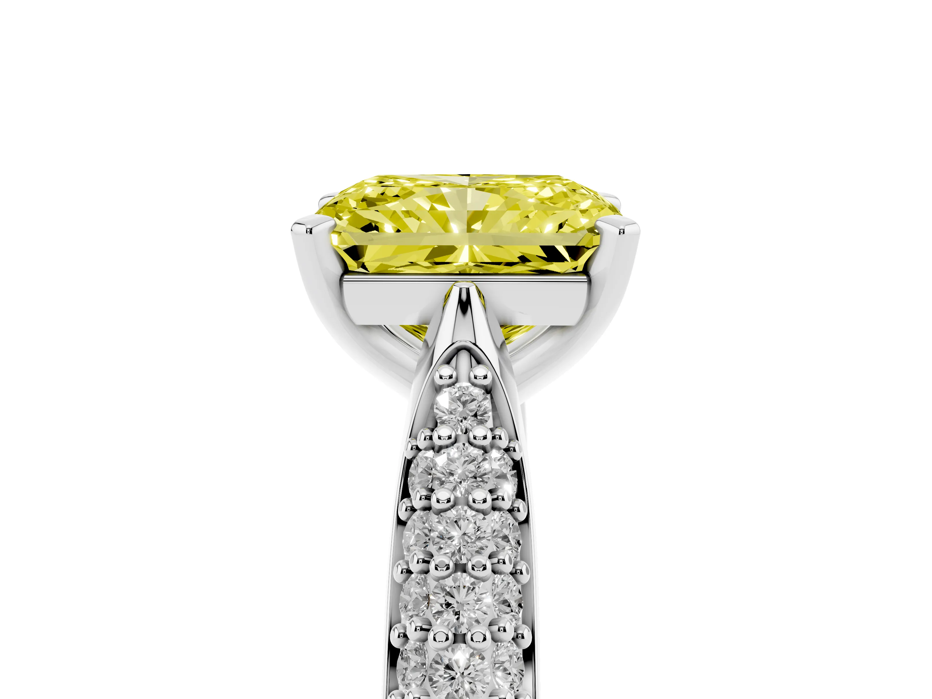 Fancy Yellow Radiant Cut Diamond Solitaire Engagement Ring Set in Platinum with Multi-Row Round Pavé Band and Prong Setting