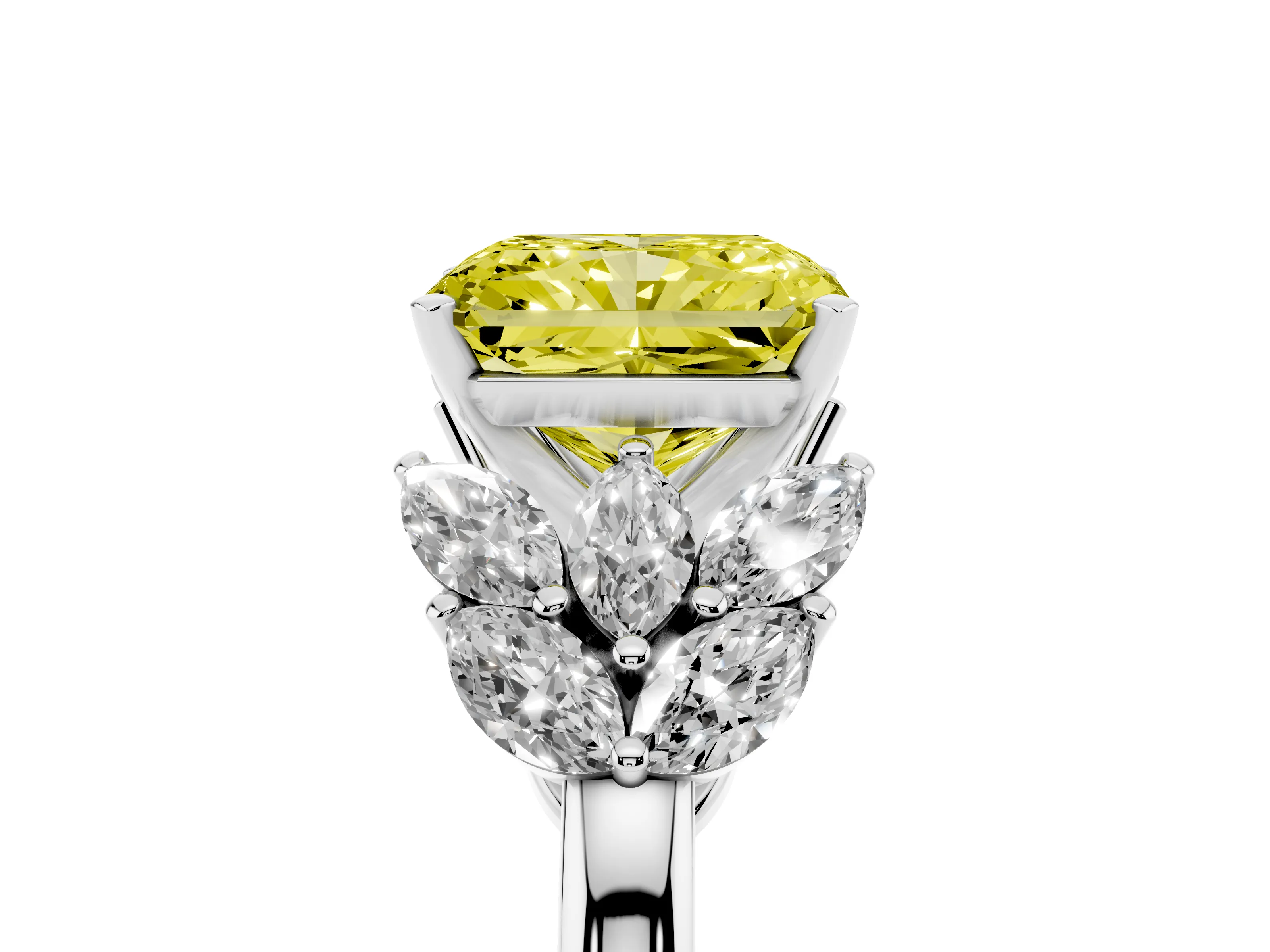 Fancy Yellow Radiant Cut Diamond Cluster Leaf Design Ring Set in White gold with Prong Setting