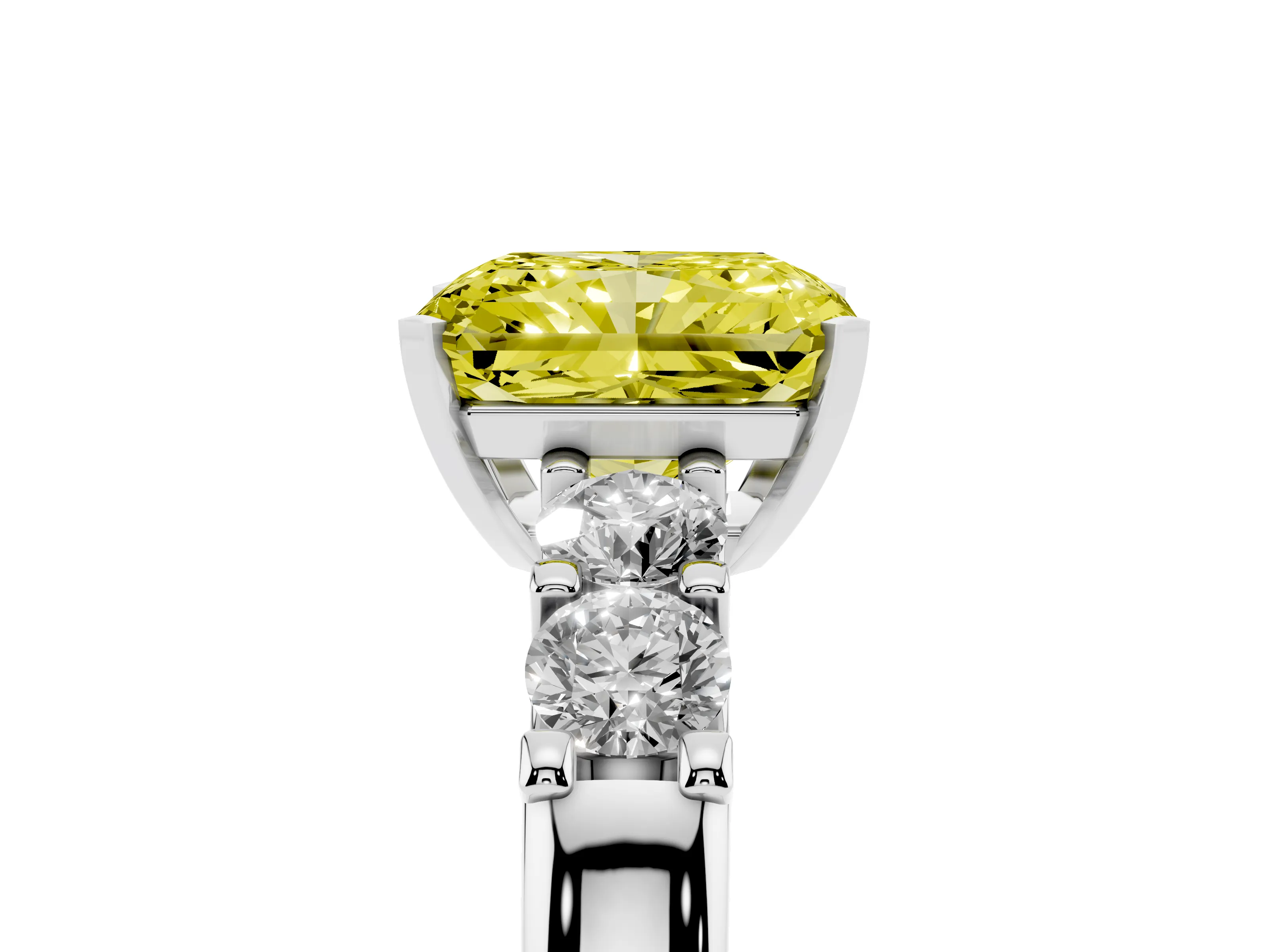 Fancy Yellow Radiant Cut Diamond Five-Stone Prong Set Engagement Ring Set in White gold with Channel Band