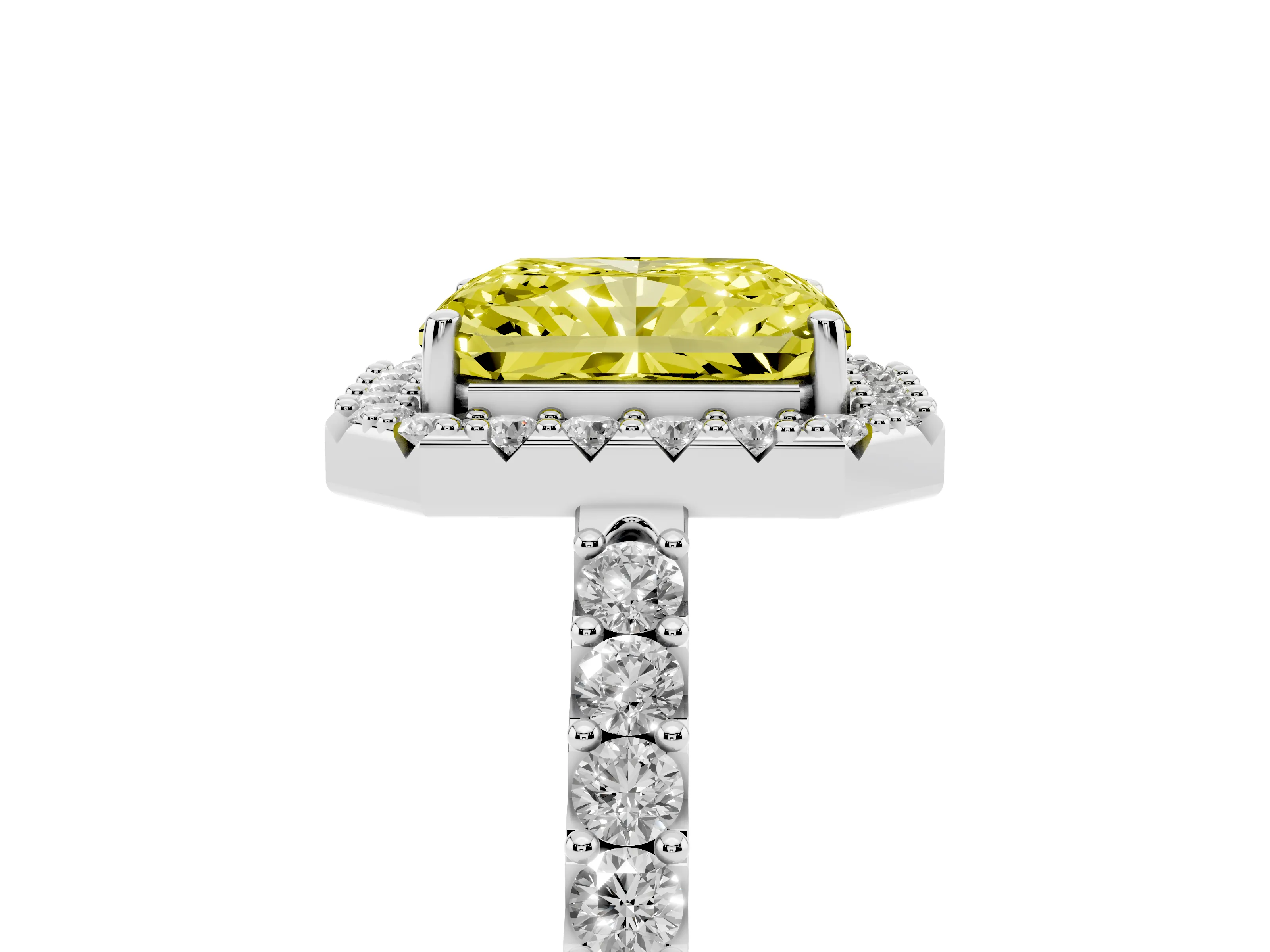 Fancy Yellow Radiant Cut Diamond Halo Pavé Solitaire Ring Set in Platinum with Prong-Set Center Stone