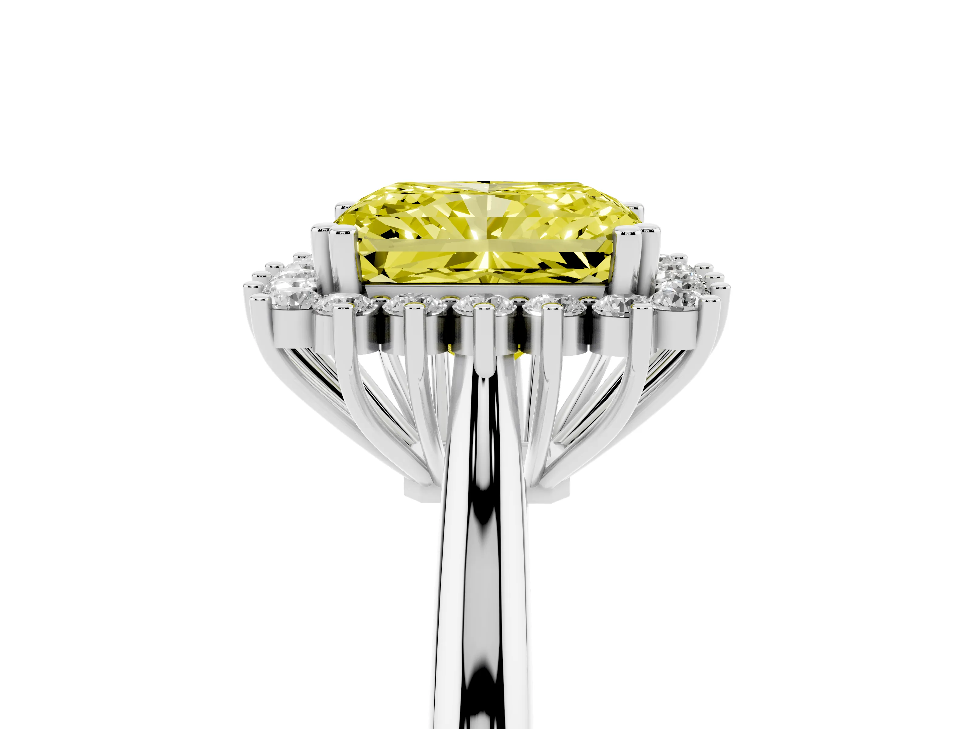 Fancy Yellow Radiant Cut Diamond Halo Ring Set in Silver with Plain Solitaire Band and Prong Setting