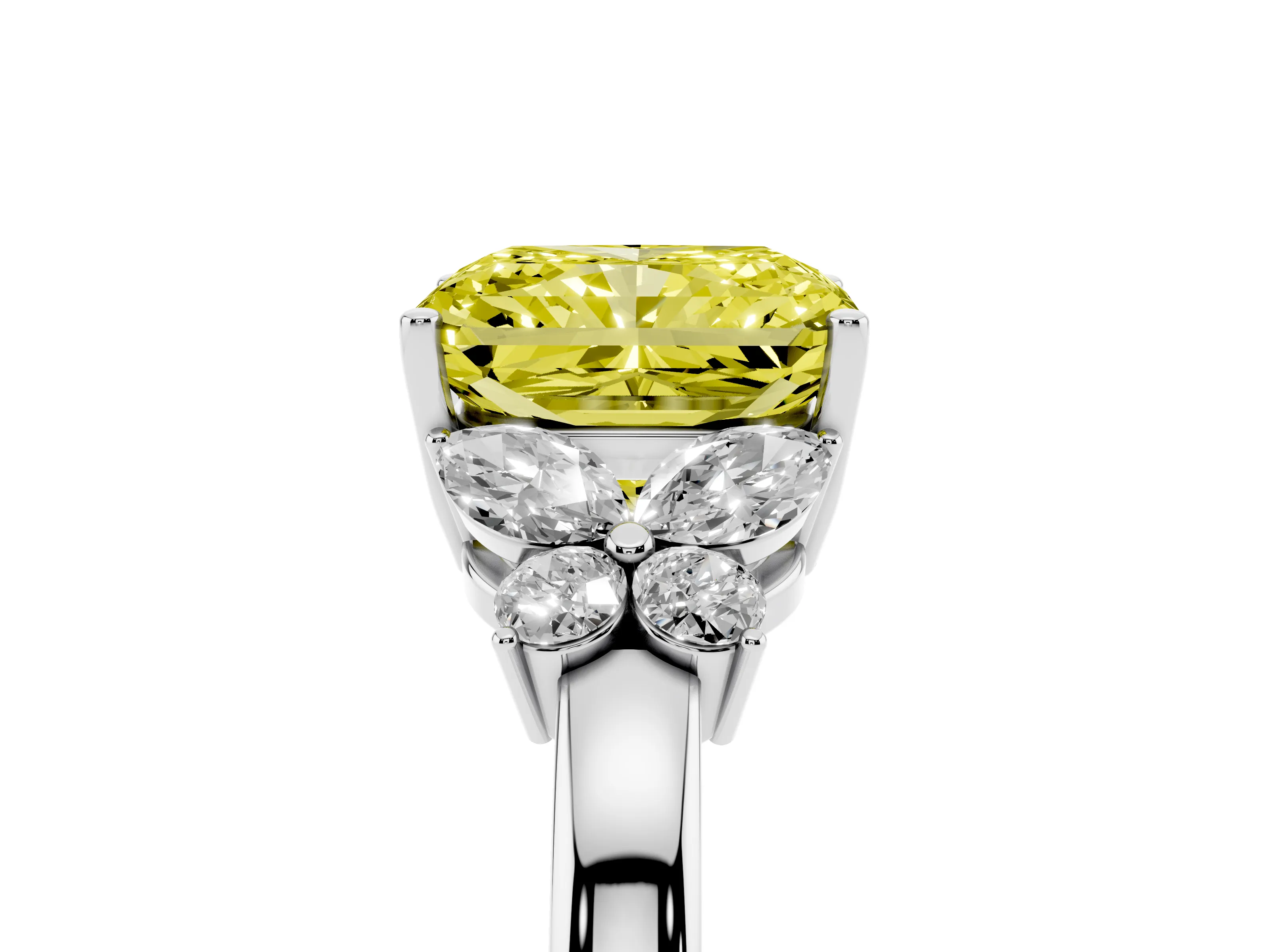 Fancy Yellow Radiant Cut Diamond Solitaire Floral Ring Set in White gold with Marquise Petals and Prong Setting