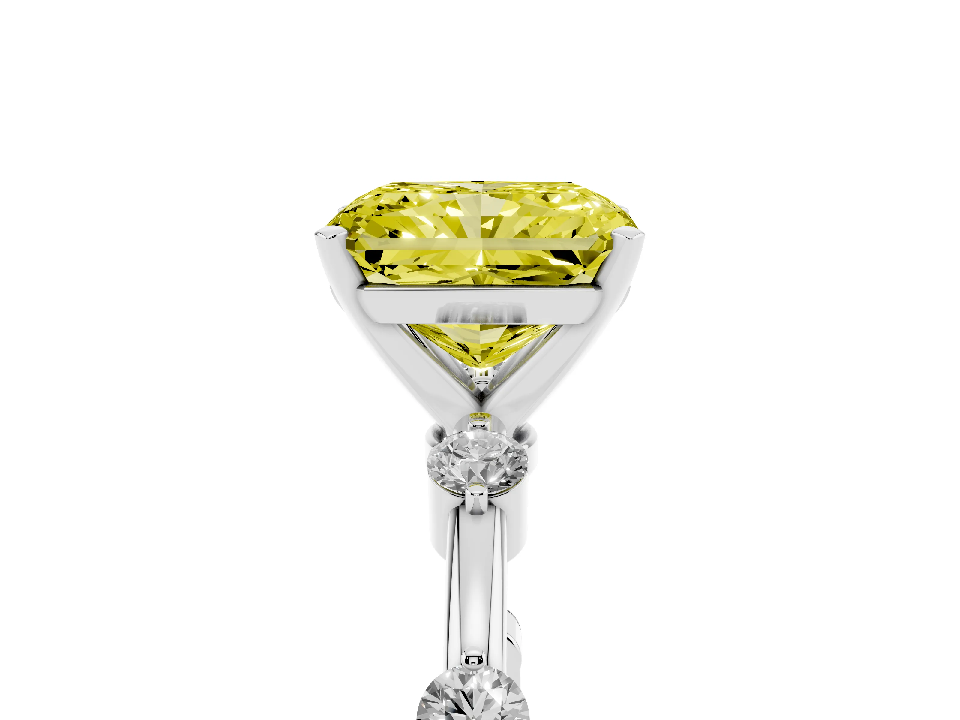 Fancy Yellow Radiant Cut Diamond Solitaire Ring Set in Silver with Bezel Set Side Stones and Prong Setting