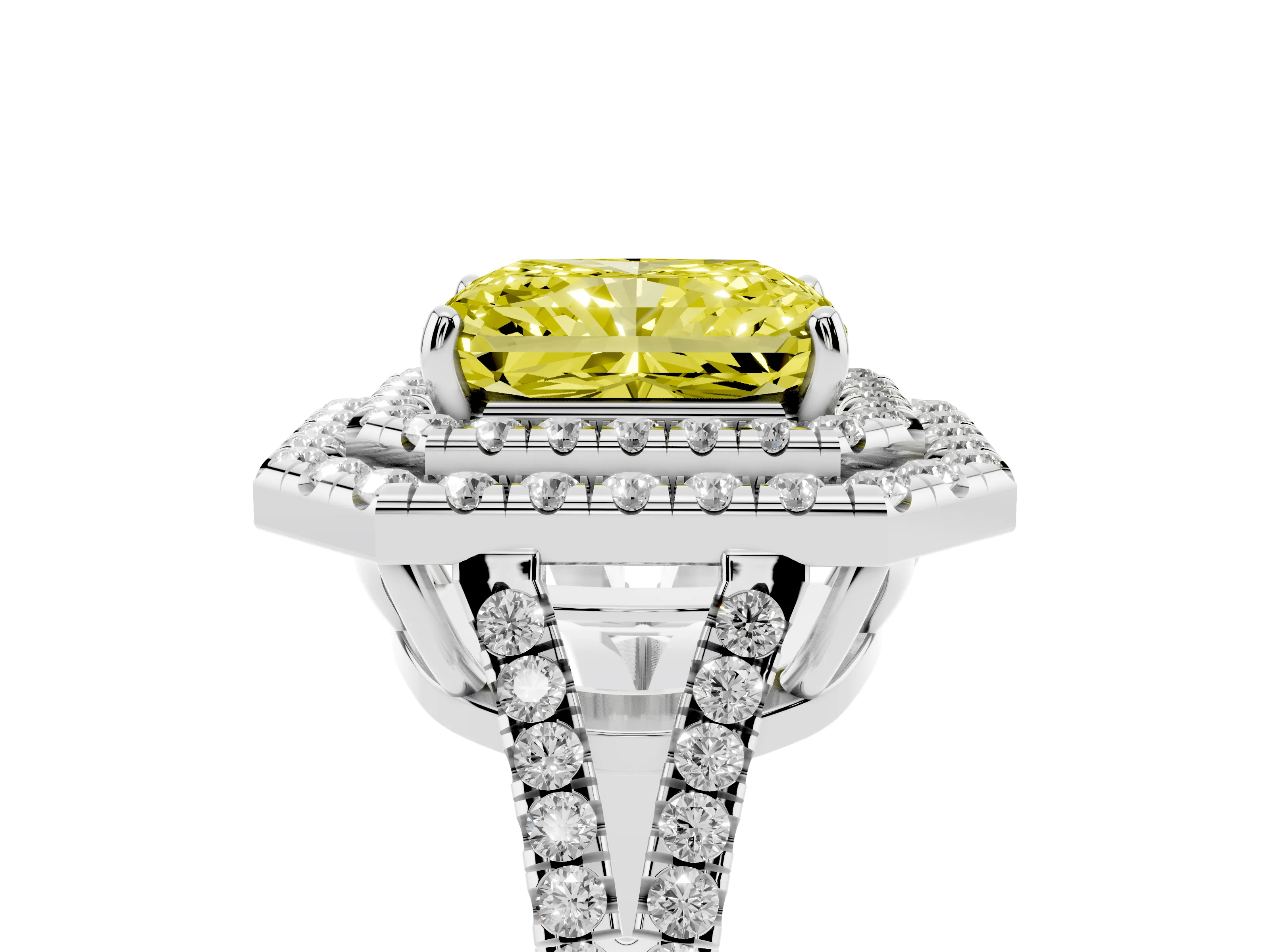 Fancy Yellow Radiant Cut Diamond Double Halo Ring Set in White gold with Pavé Band