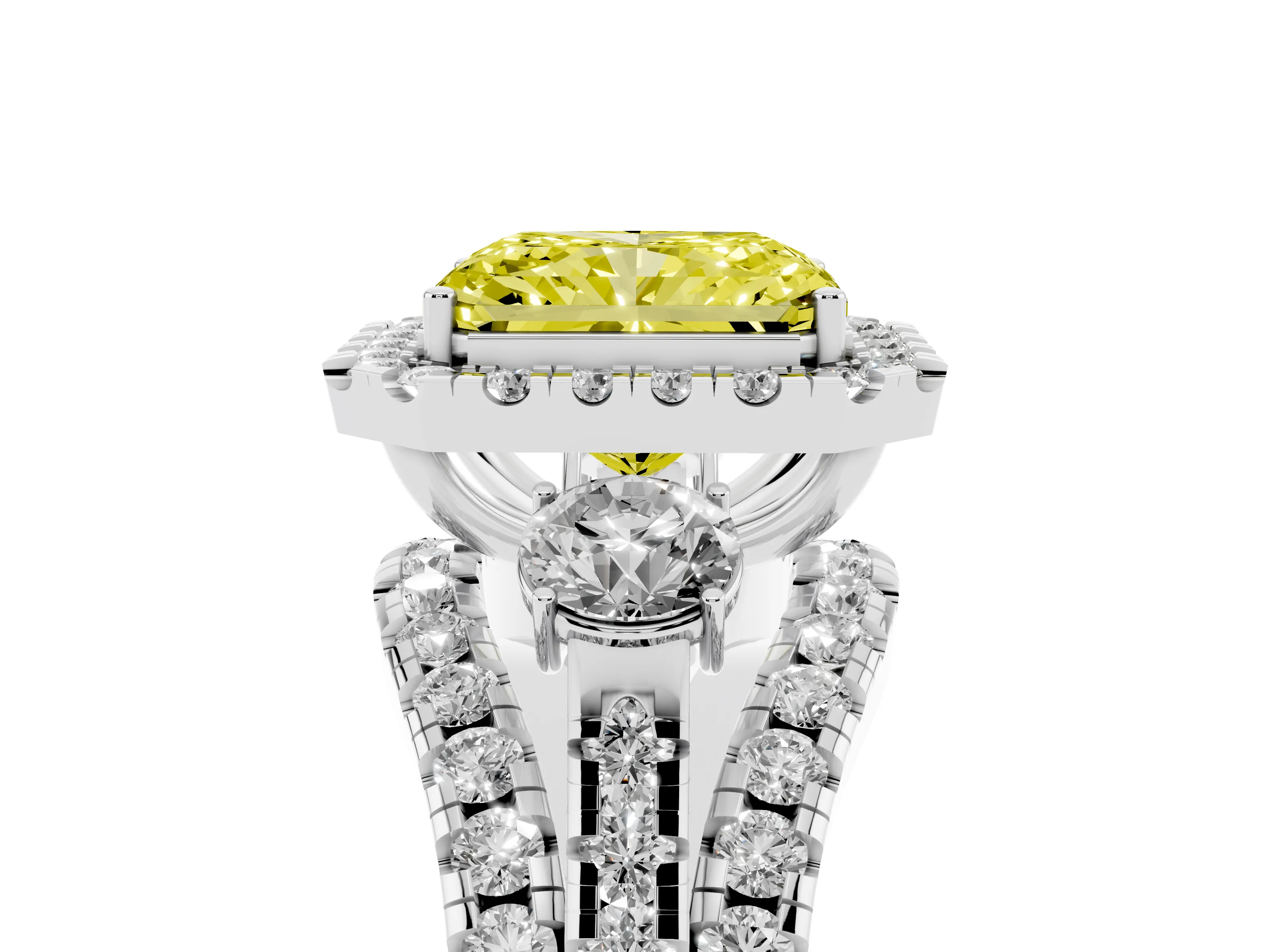 Fancy Yellow Radiant Cut Diamond Halo Split Shank Ring Set in Silver with Round Accent Stones and Prong Setting