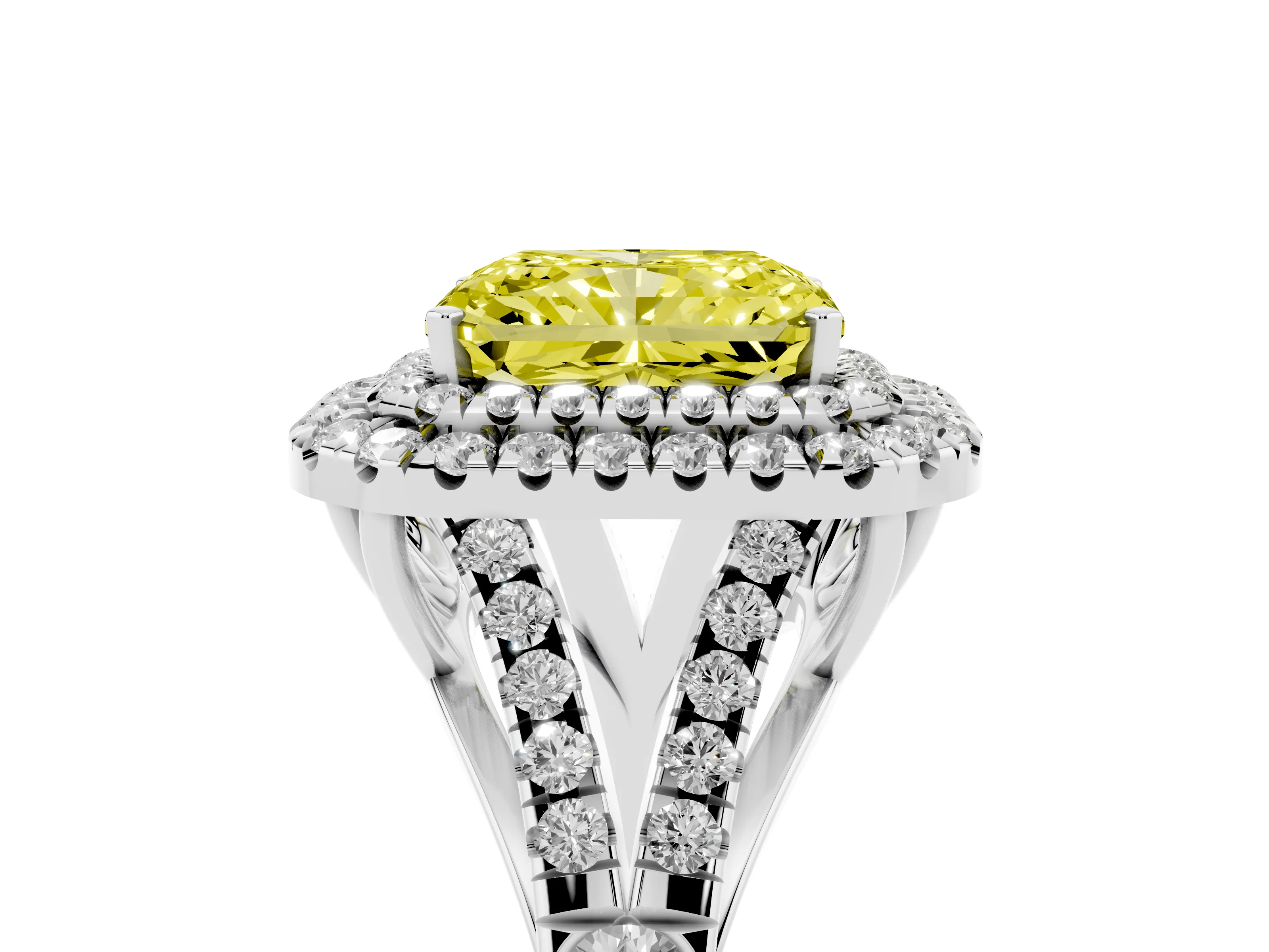 Fancy Yellow Radiant Cut Diamond Pavé Split Shank Double Halo Engagement Ring Set in Platinum