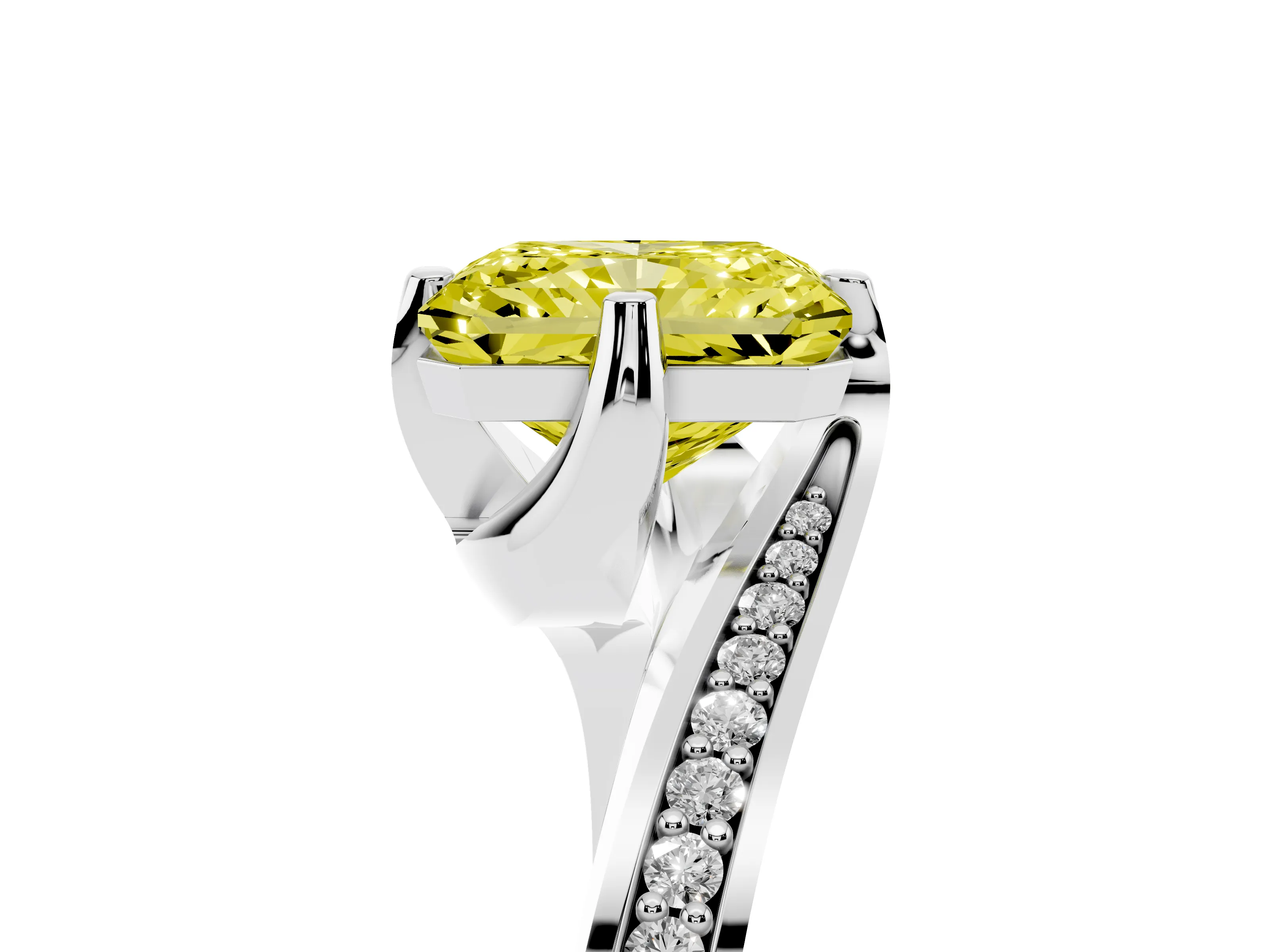 Fancy Yellow Radiant Cut Diamond Solitaire Ring Set in Silver with Intertwined Pavé Twist Band