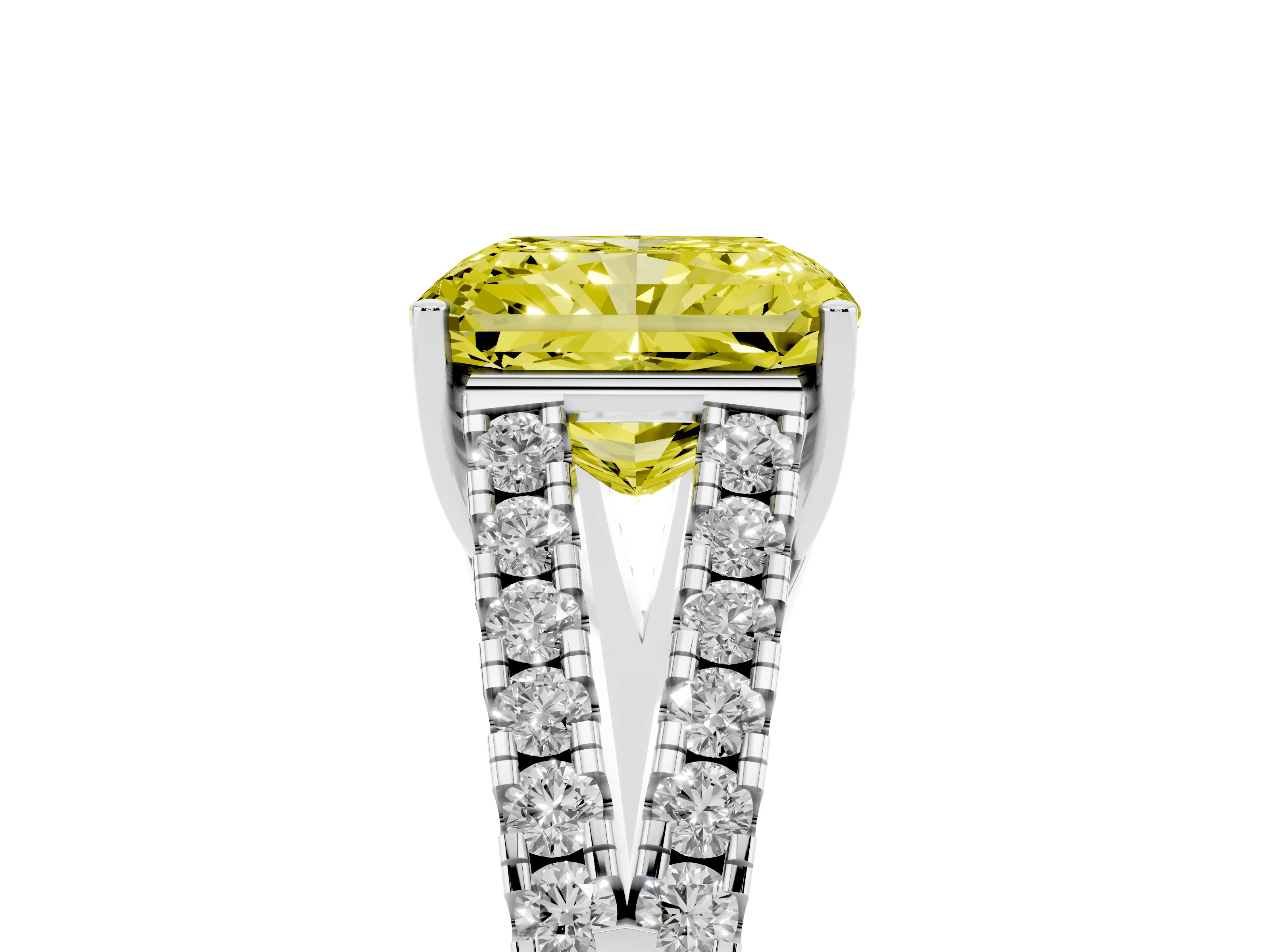Fancy Yellow Radiant Cut Diamond Split Shank Pavé Engagement Ring Set in Platinum with Prong-Held Center Stone