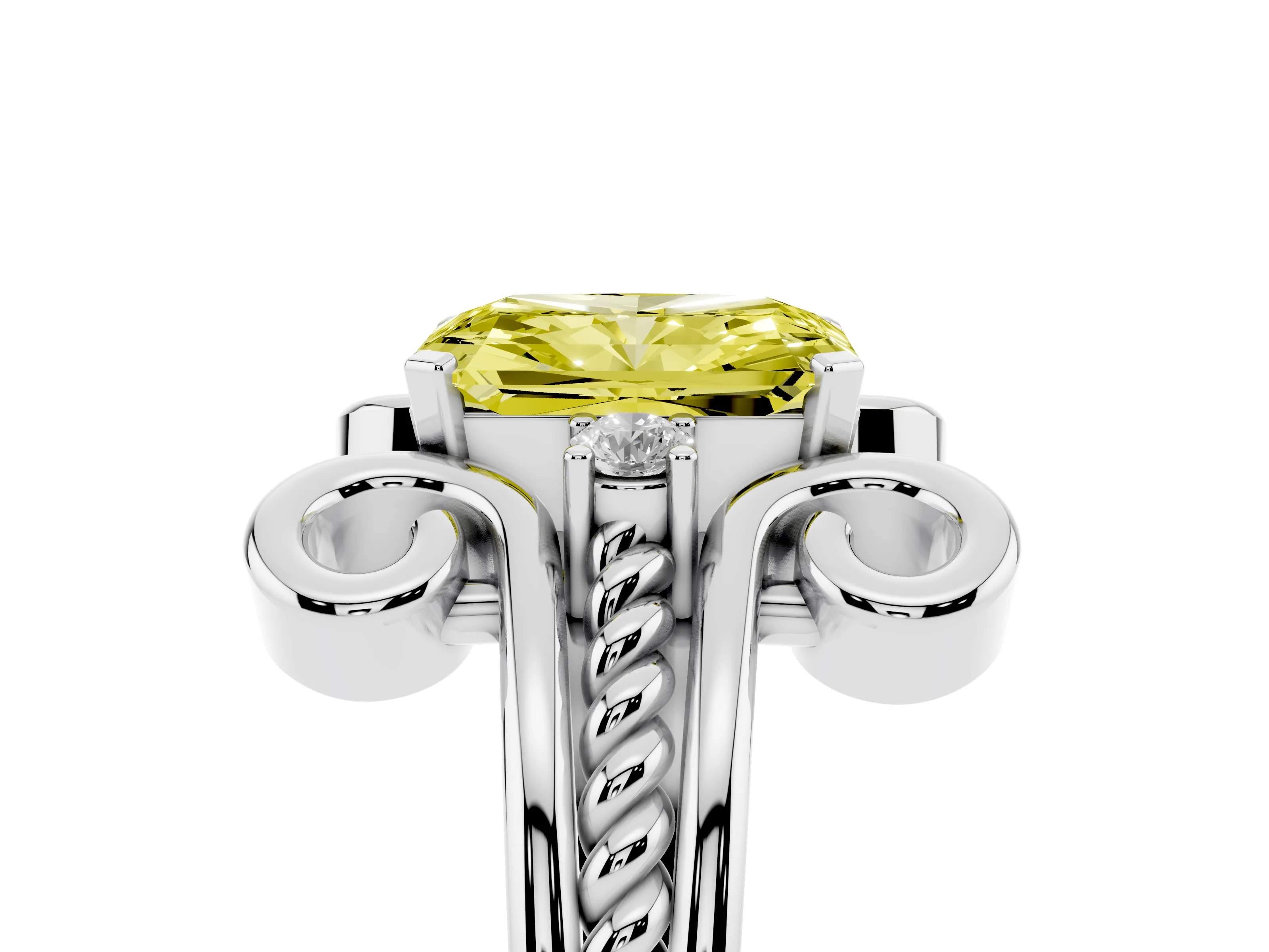Fancy Yellow Radiant Cut Diamond Twisted Band Solitaire Ring Set in Platinum with Scroll Prongs
