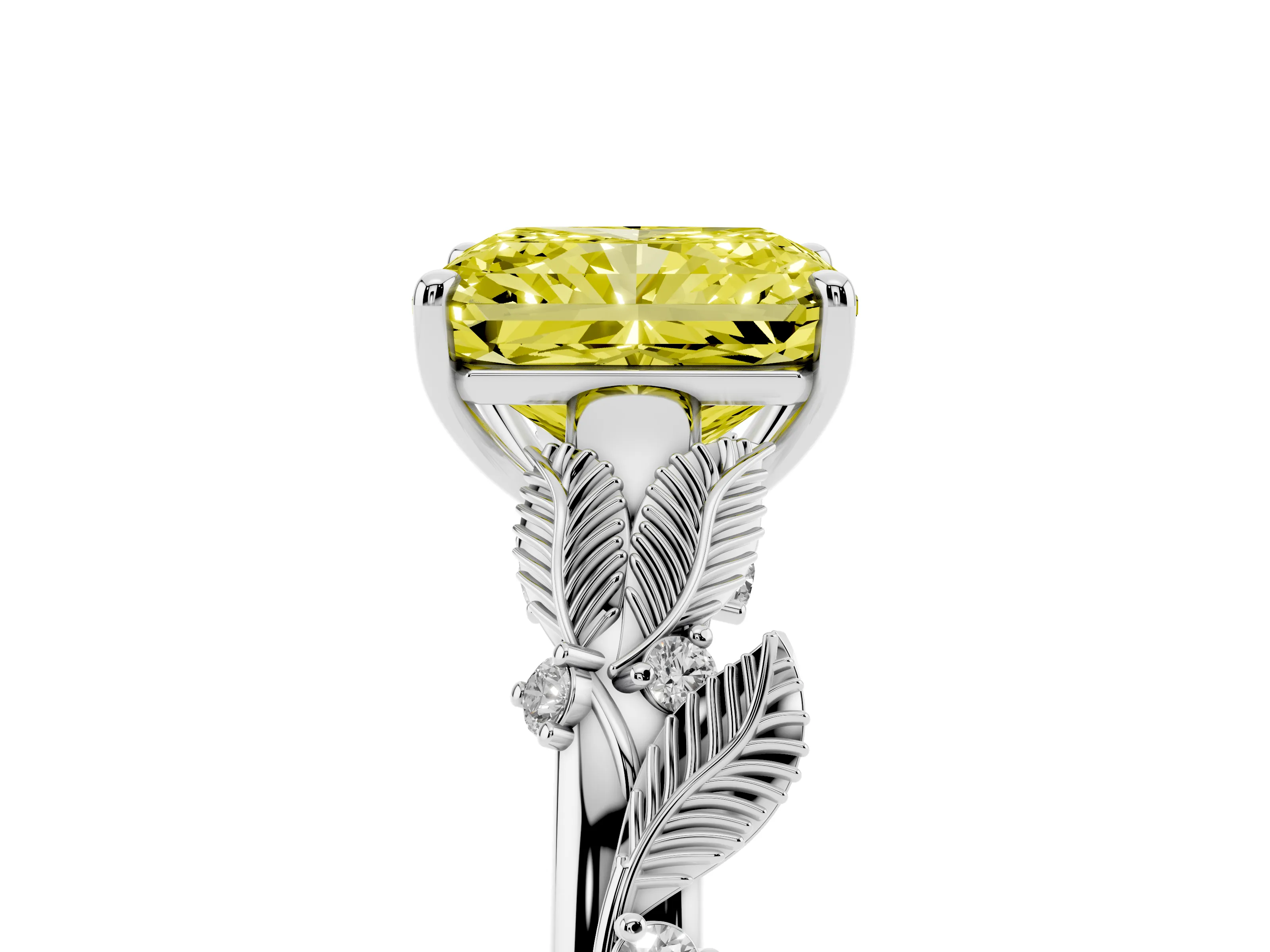 Fancy Yellow Radiant Cut Diamond Solitaire Ring Set in Silver with Leaf Motif Band