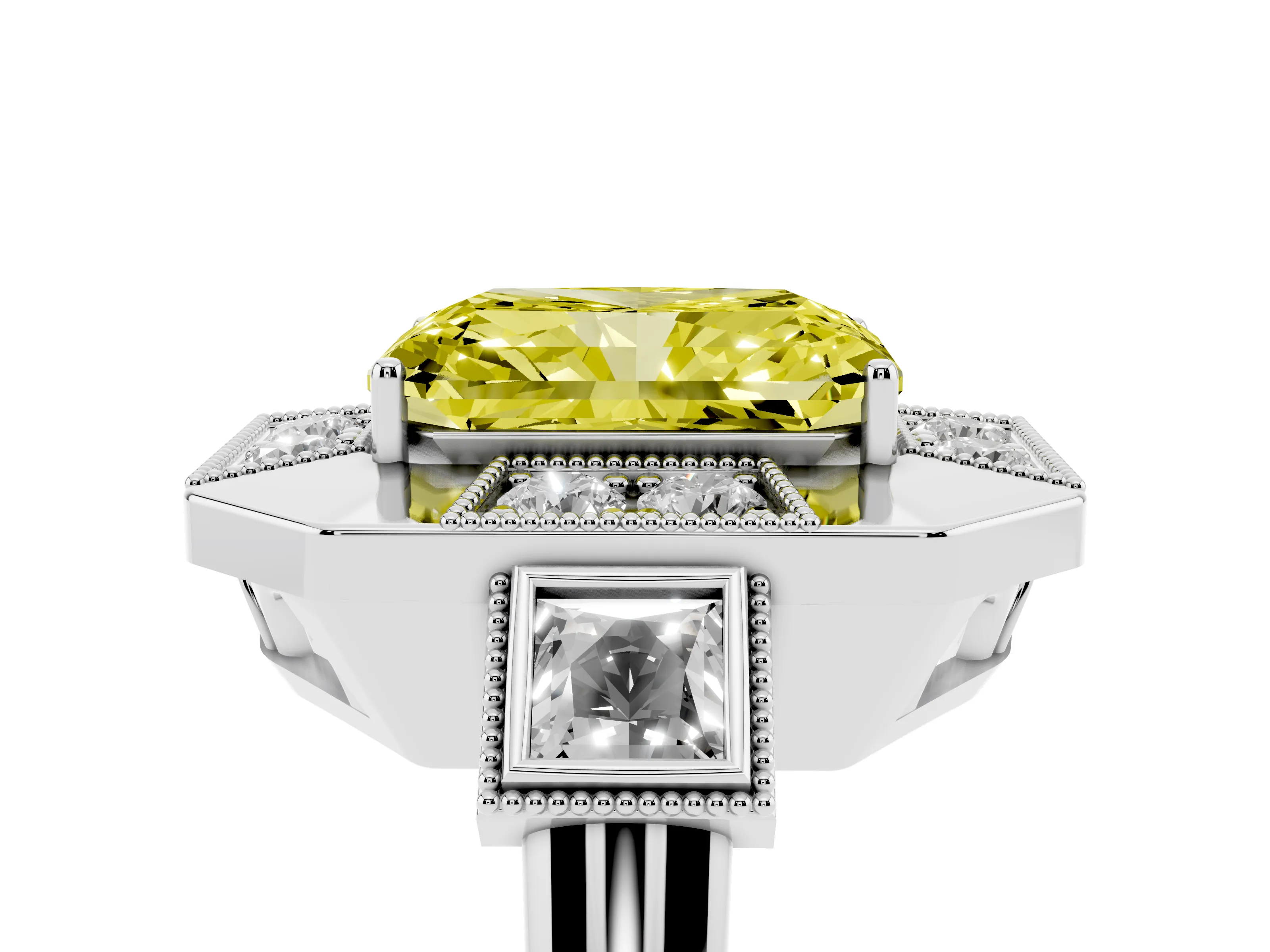 Fancy Yellow Radiant Cut Diamond Milgrain Halo Ring Set in Silver with Split Shank