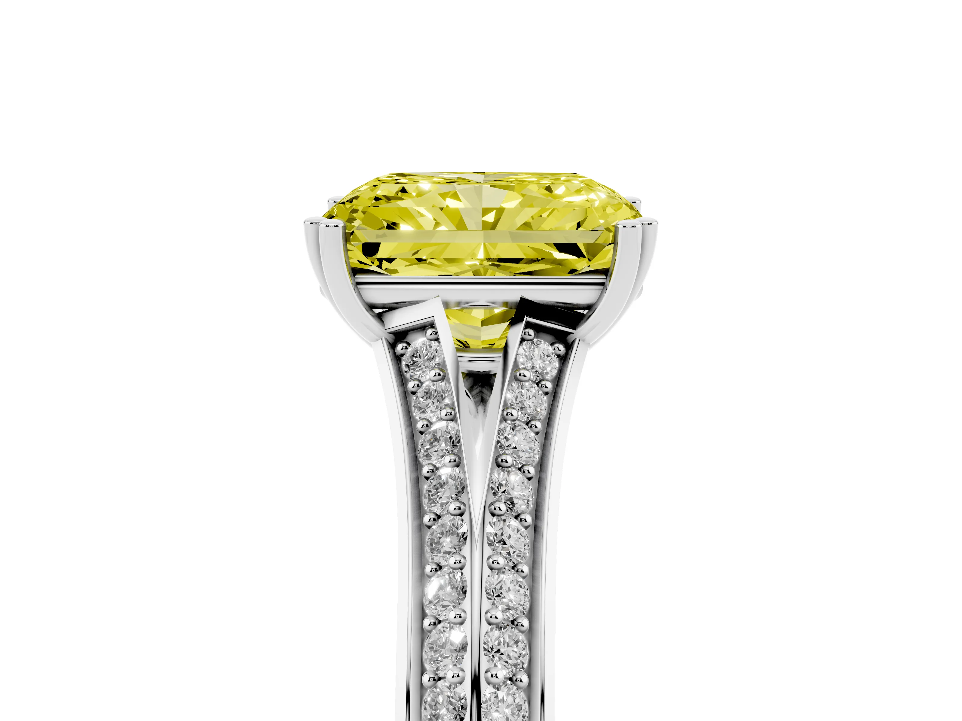 Fancy Yellow Radiant Cut Diamond Split Shank Pavé Engagement Ring Set in Platinum with Prong-Set Center Stone