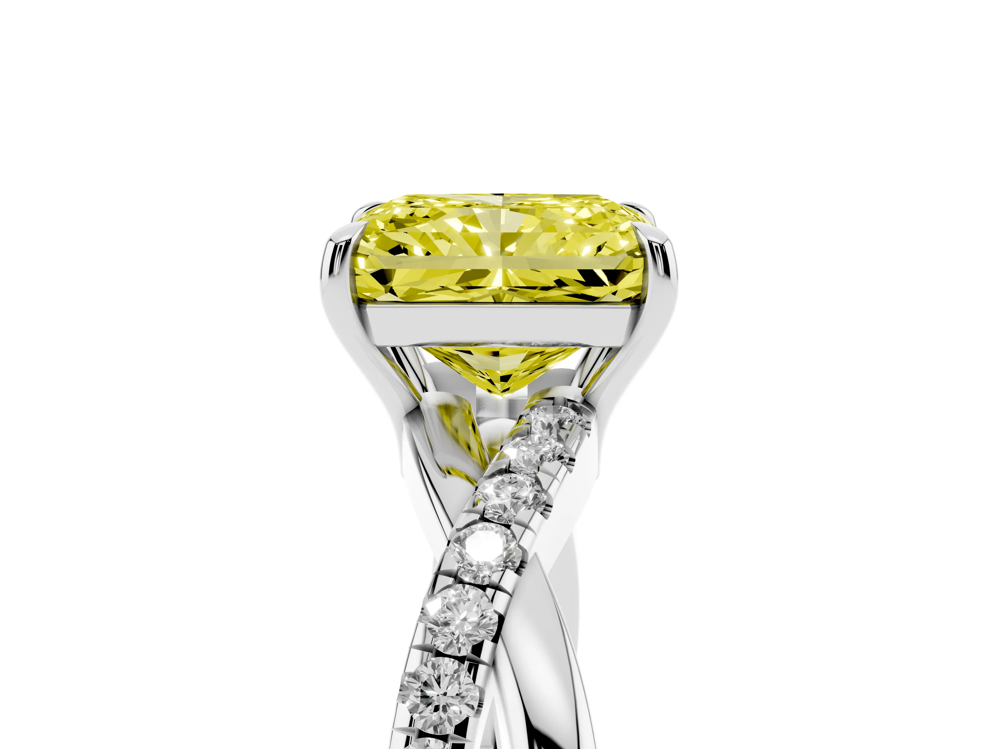 Fancy Yellow Radiant Cut Diamond Twisted Pavé Band Ring Set in Silver with Prong Setting