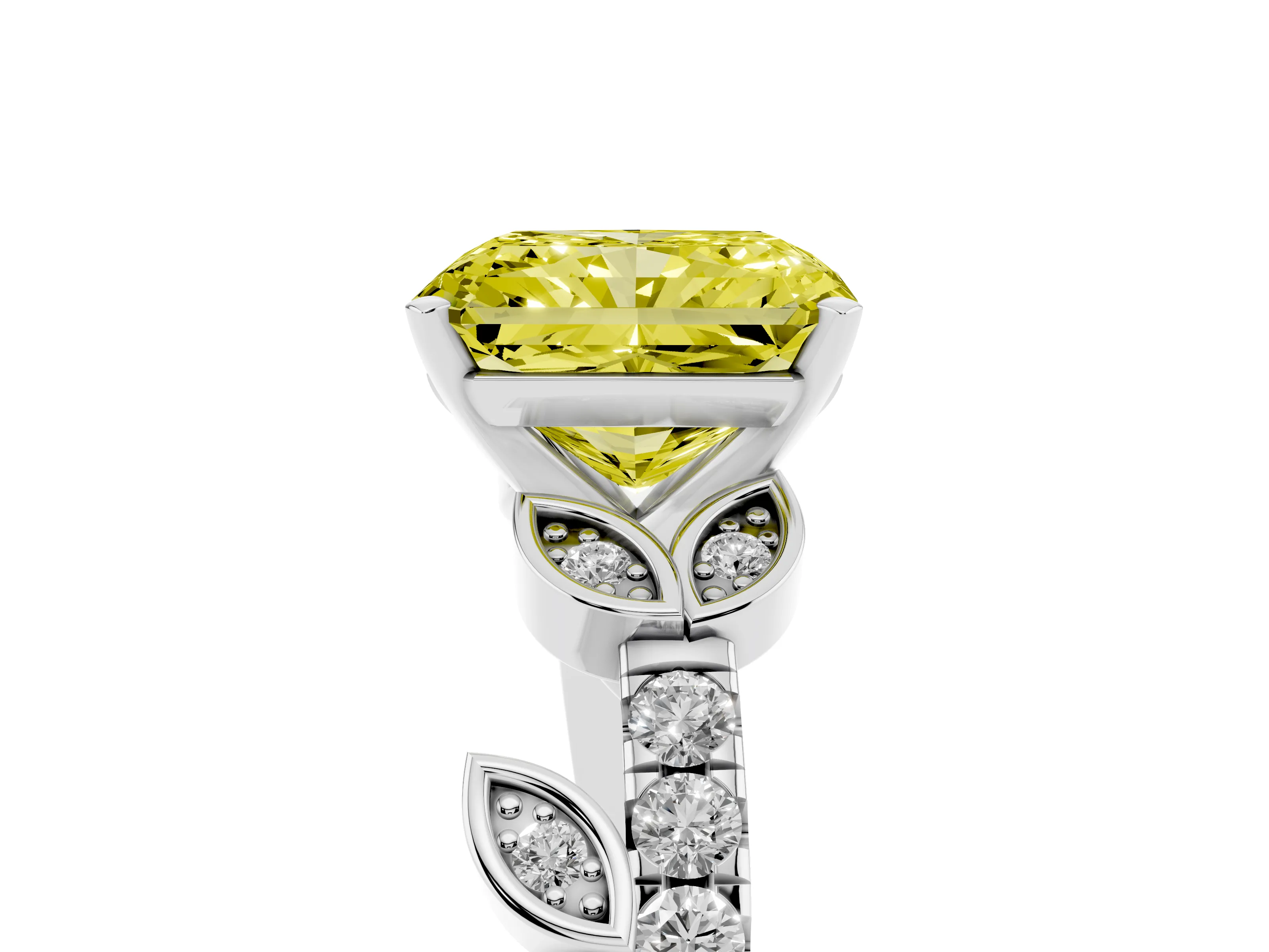 Fancy Yellow Radiant Cut Diamond Solitaire Leaf-Inspired Ring Set in Silver with Pavé Band and Prong Setting