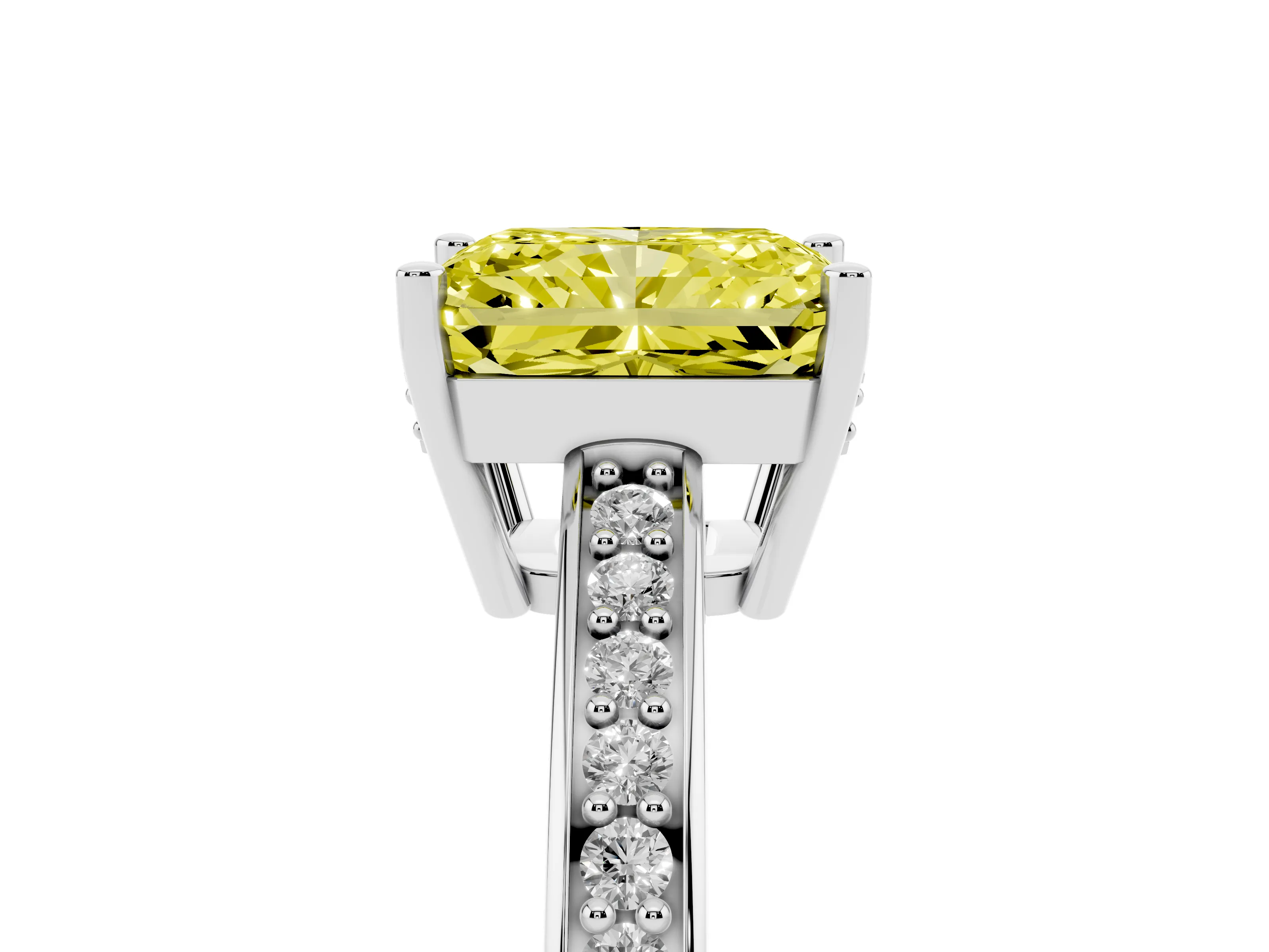 Fancy Yellow Radiant Cut Diamond Pavé Band Prong Set Solitaire Ring Set in Platinum