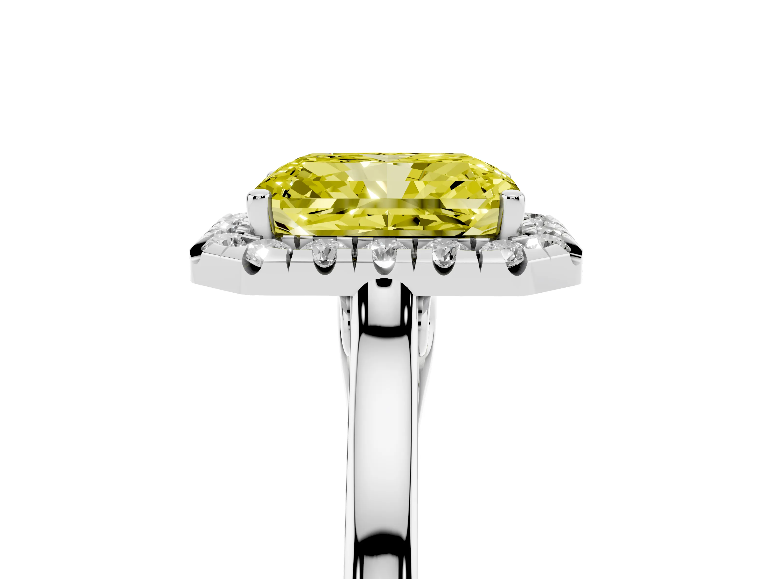 Fancy Yellow Radiant Cut Halo Round Diamond Solitaire Ring Set in White gold with Pavé Band and Prong Setting