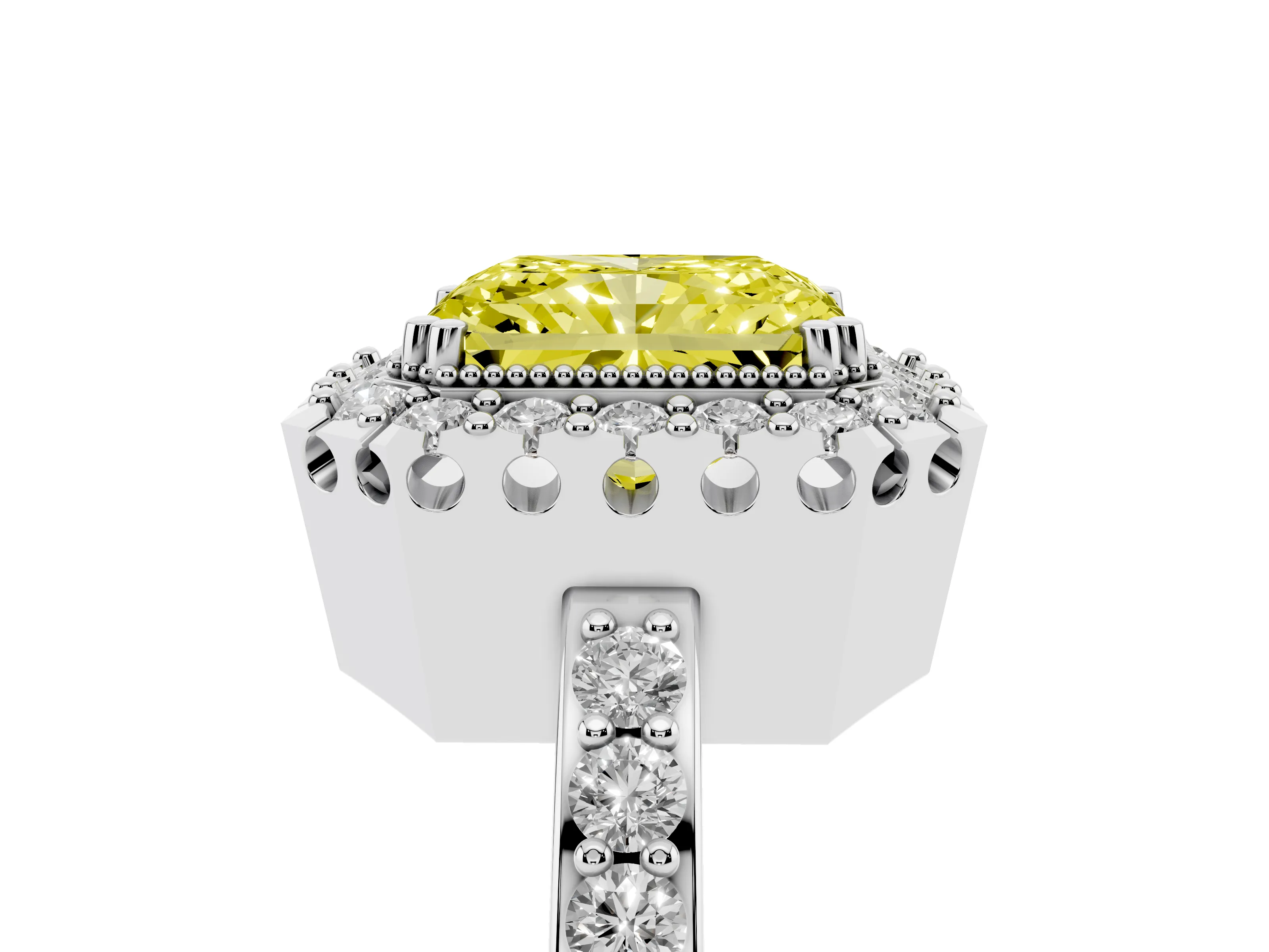 Fancy Yellow Radiant Cut Diamond Halo Ring Set in White gold with Pavé Shank and Prong Setting