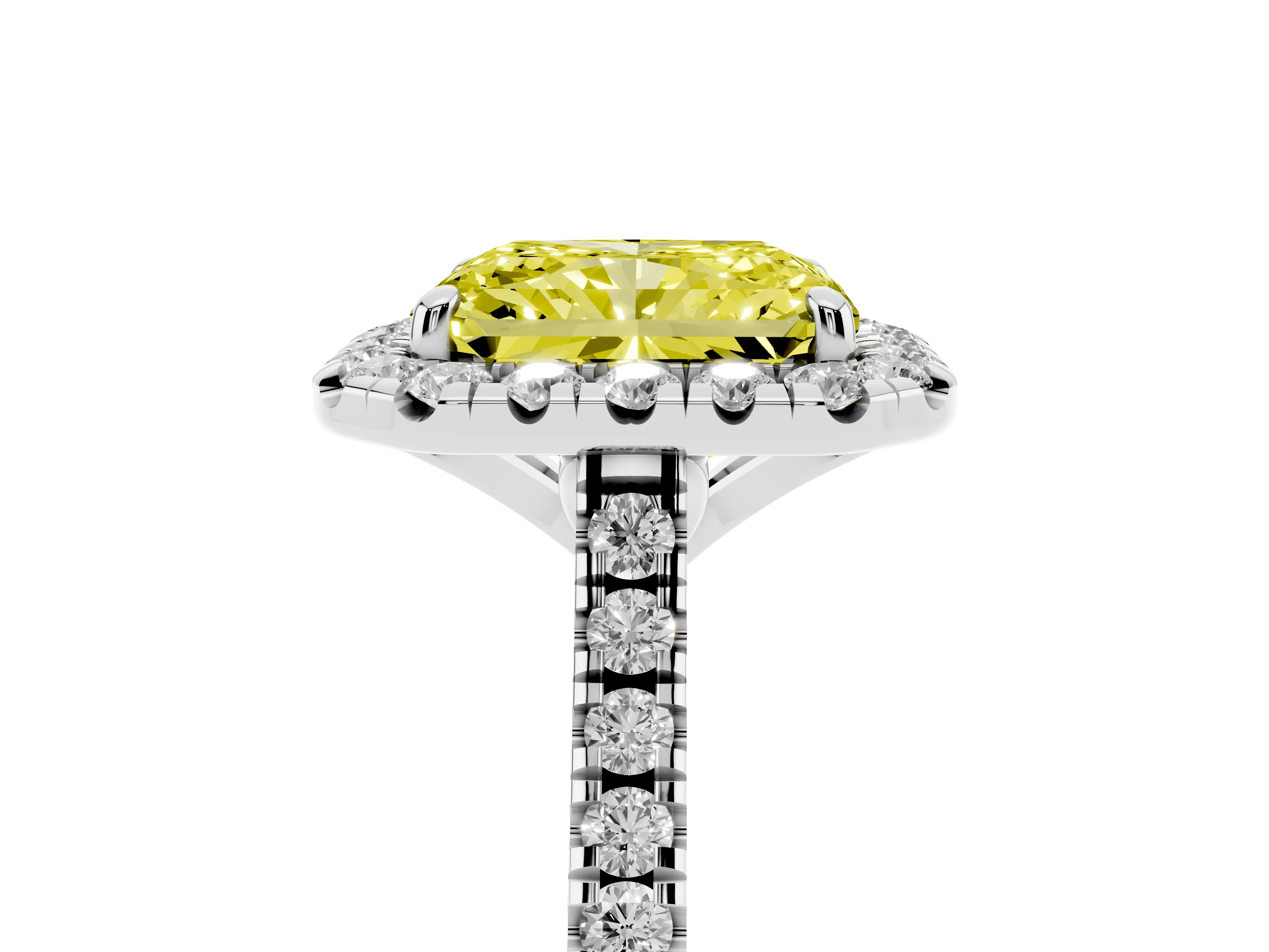 Fancy Yellow Radiant Cut Diamond Cushion Halo Ring Set in White gold with Pavé Band