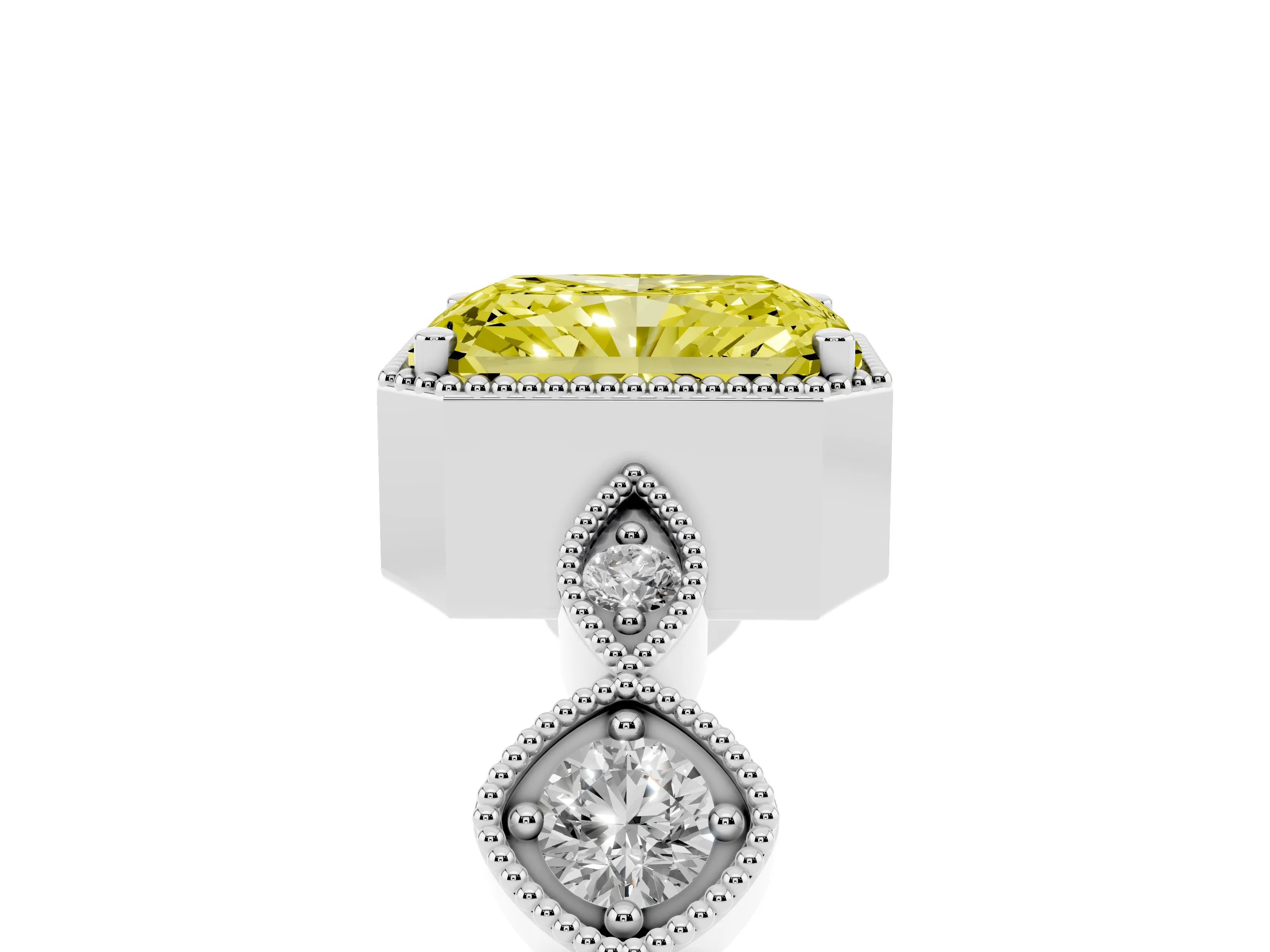 Fancy Yellow Radiant Cut Diamond Vintage-Inspired Milgrain Ring Set in Silver with Marquise Stations of Round Accents