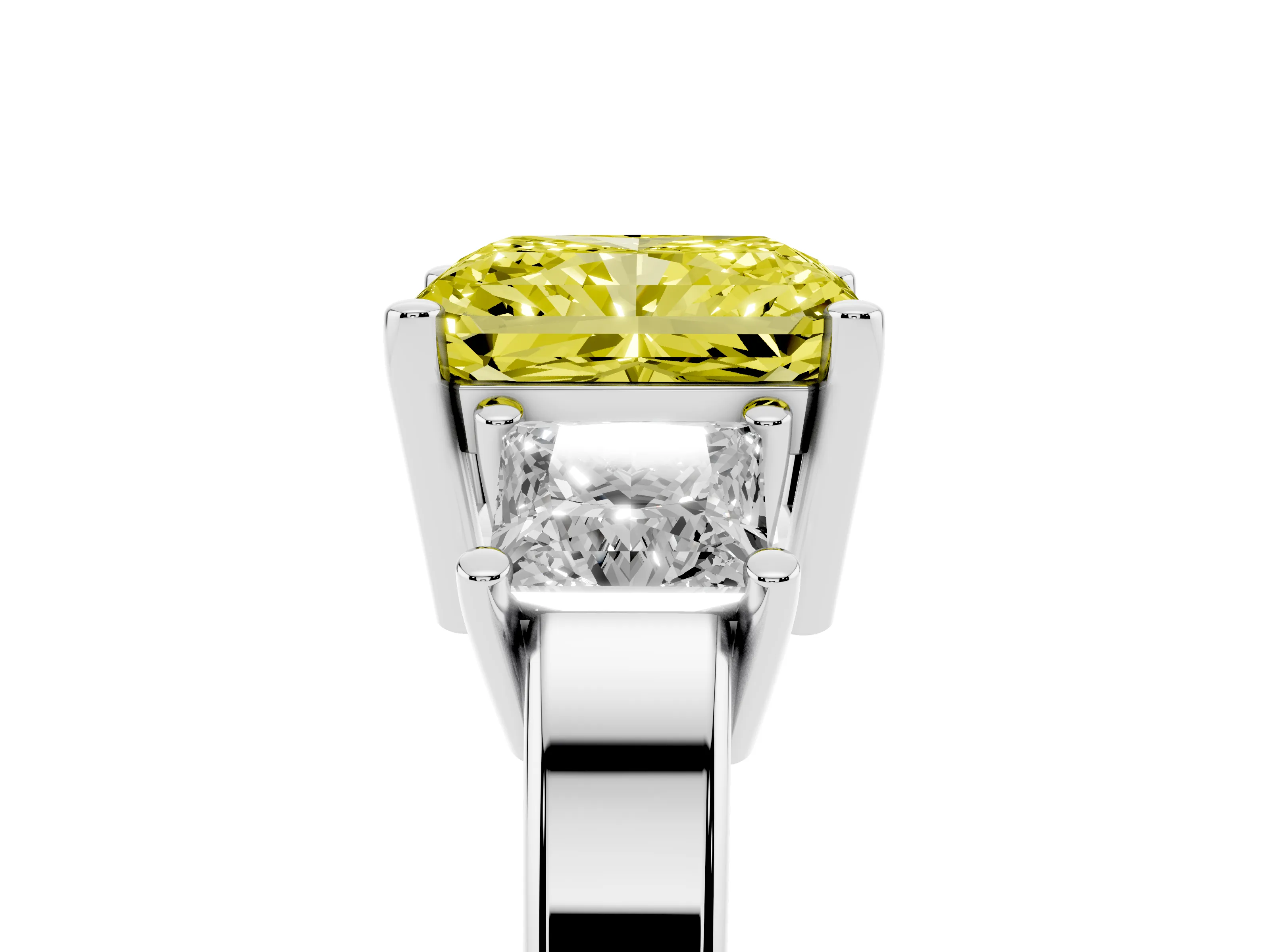 Fancy Yellow Three-Stone Radiant Cut Diamond Solitaire Ring Set in Platinum with Prong Setting