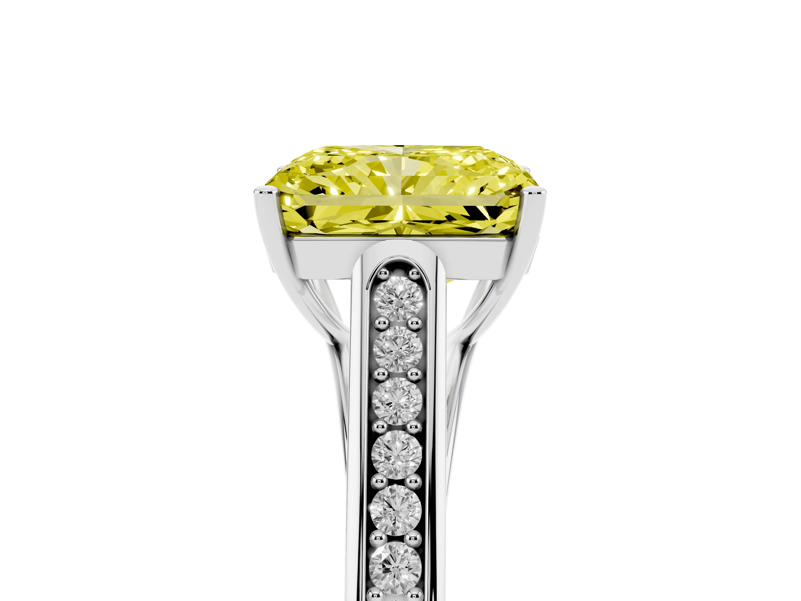 Fancy Yellow Radiant Cut Diamond Solitaire Cathedral Engagement Ring Set in Platinum with Channel-Set Band and Prong Setting