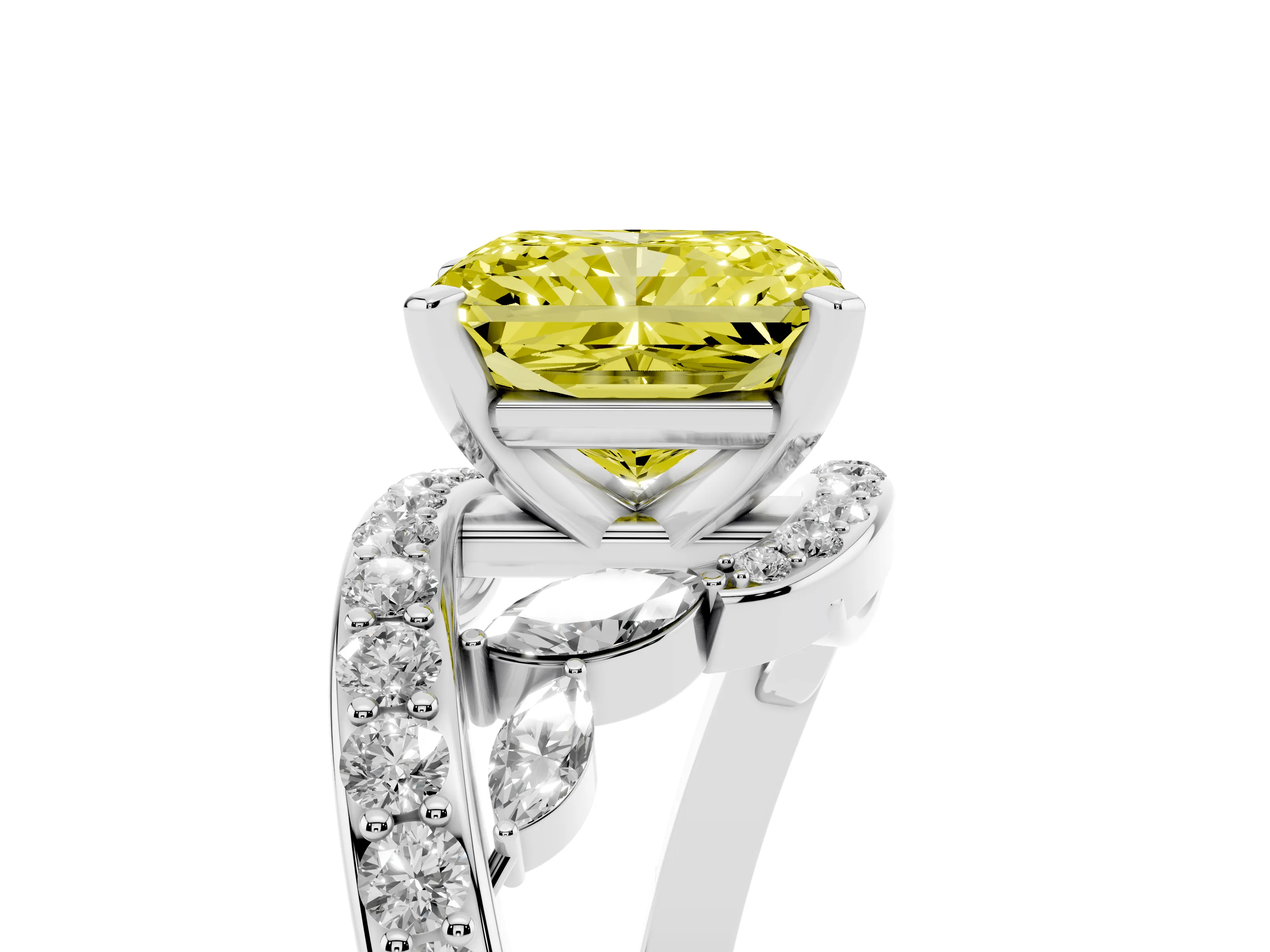 Fancy Yellow Radiant Cut Diamond Solitaire Ring Set in Silver with Pavé Twist Band and Secure Prong Setting