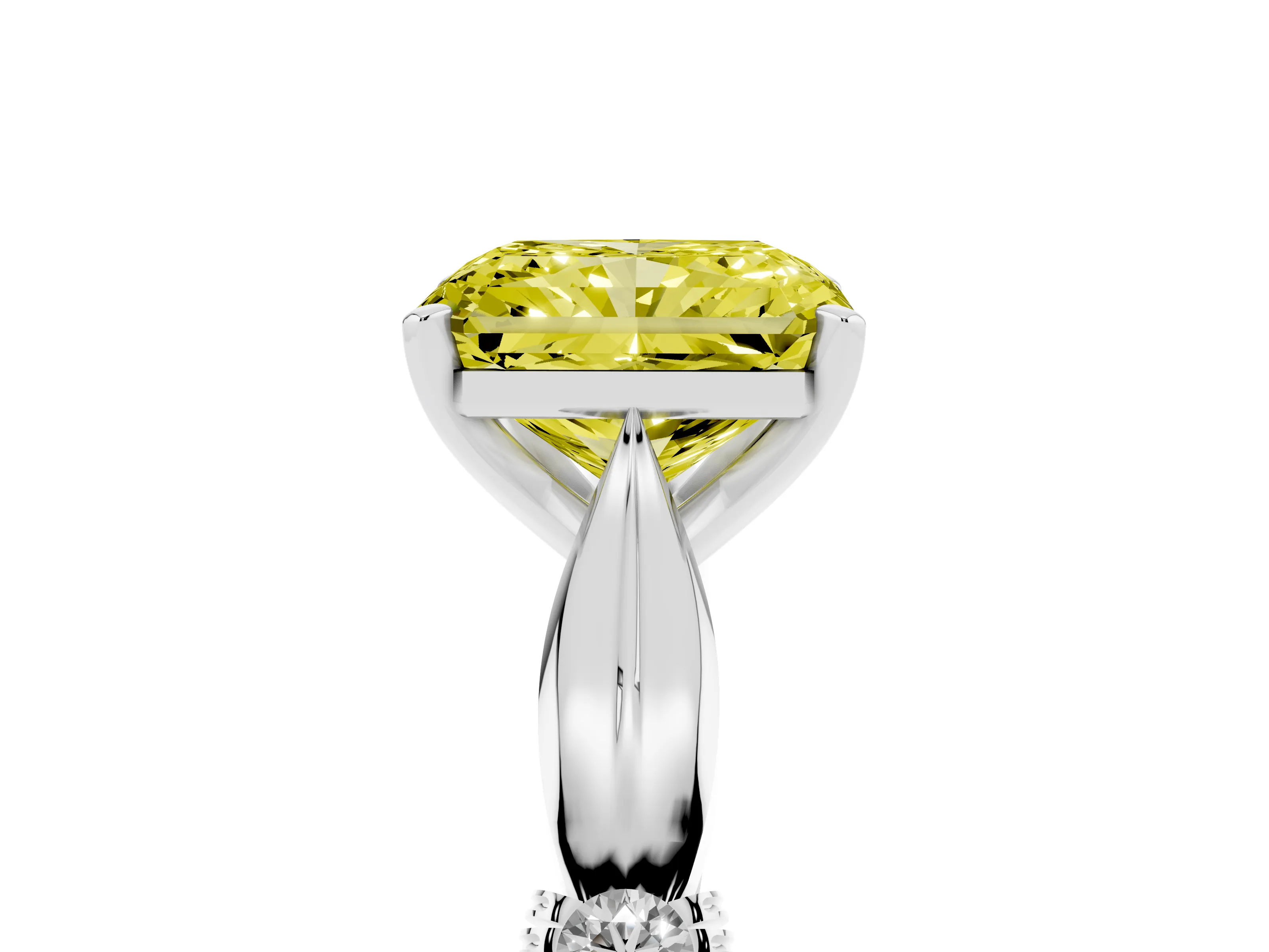 Fancy Yellow Radiant Cut Diamond Solitaire Twisted Band Ring Set in White gold with Accent Stones and Prong Setting