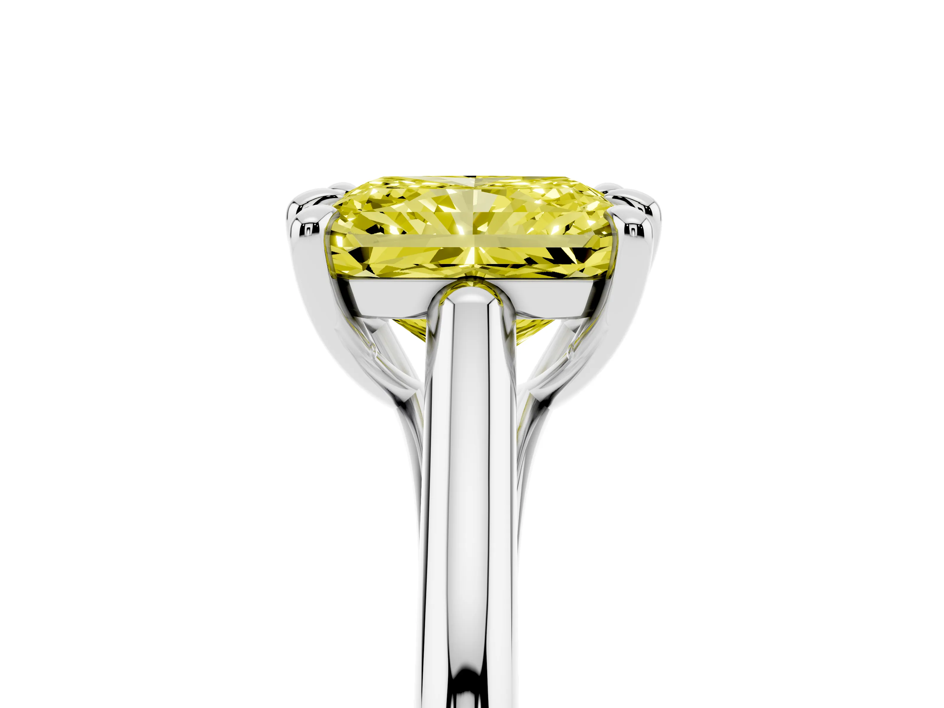 Fancy Yellow Radiant Cut Diamond Solitaire Engagement Ring Set in Silver with Prong Setting and Plain Classic Band