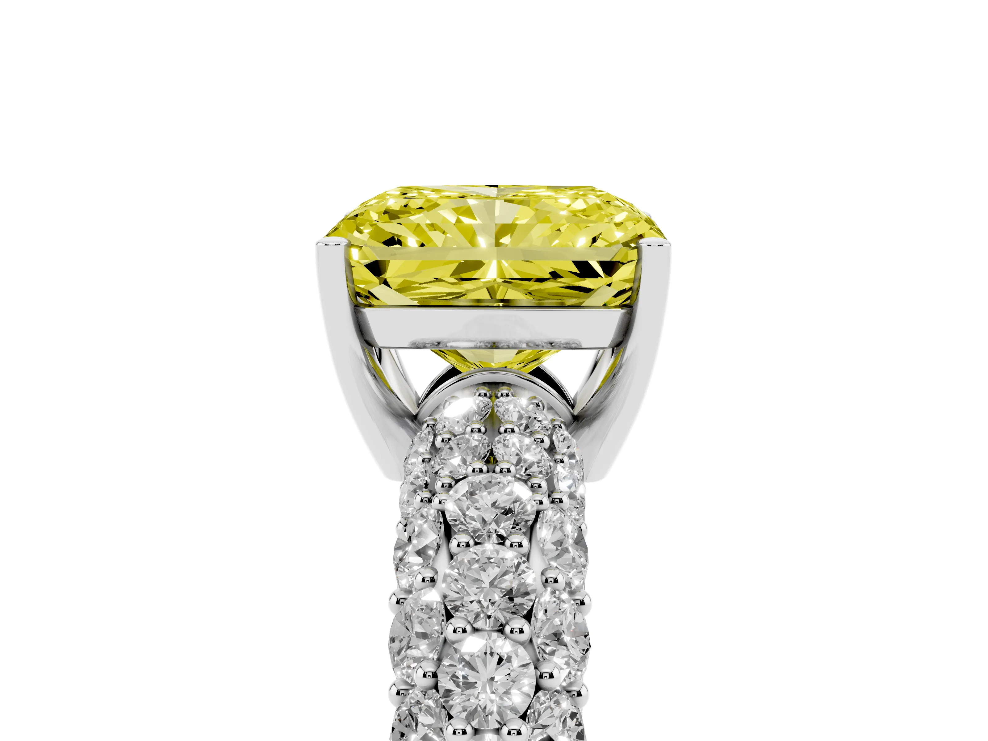 Fancy Yellow Radiant Cut Diamond Pavé Band Solitaire Ring Set in White gold with Close-Set Accent Stones and Prong Setting