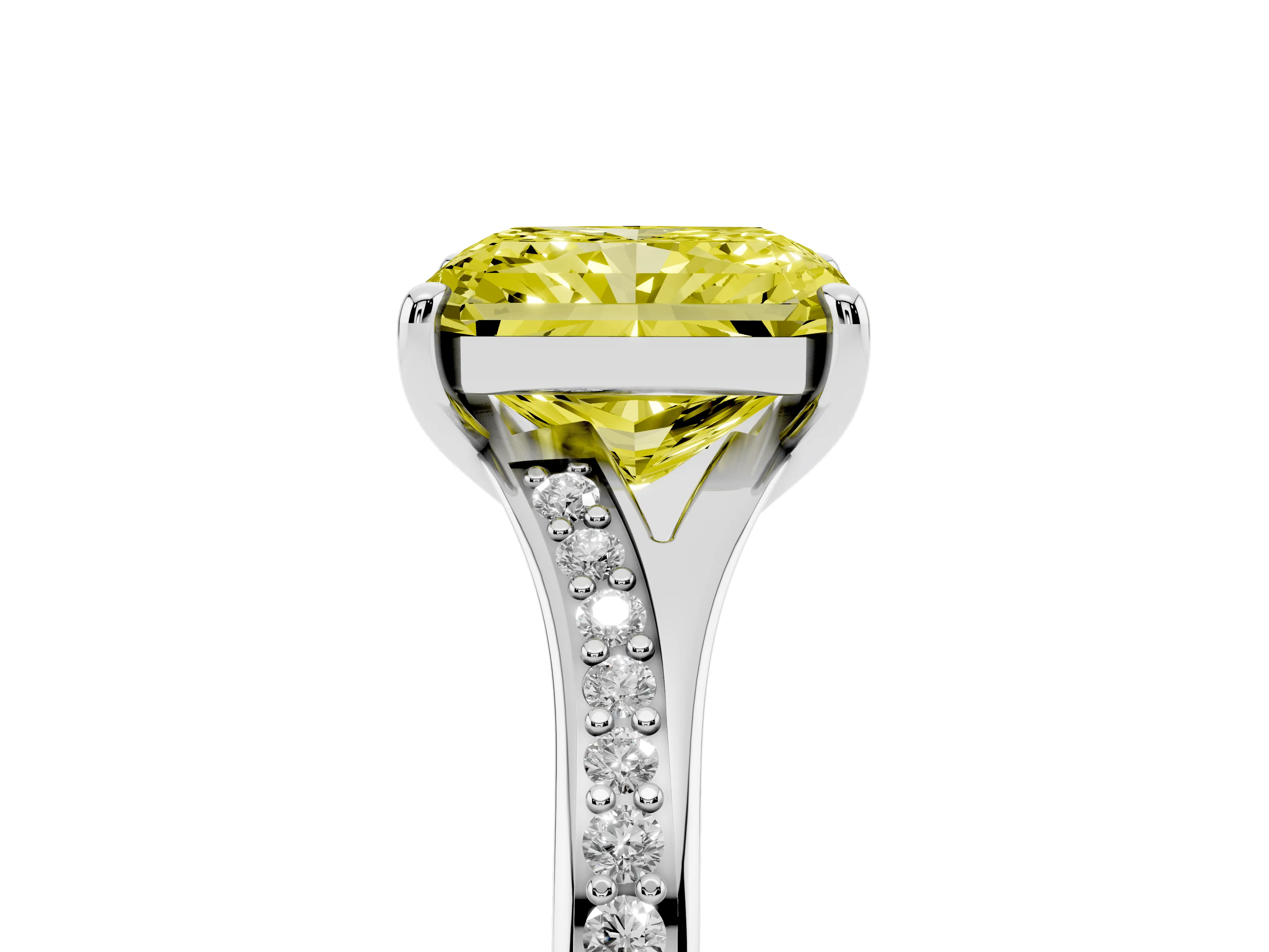 Fancy Yellow Radiant Cut Diamond Solitaire Ring Set in Platinum with Pavé Accent Band and Classic Prong Setting
