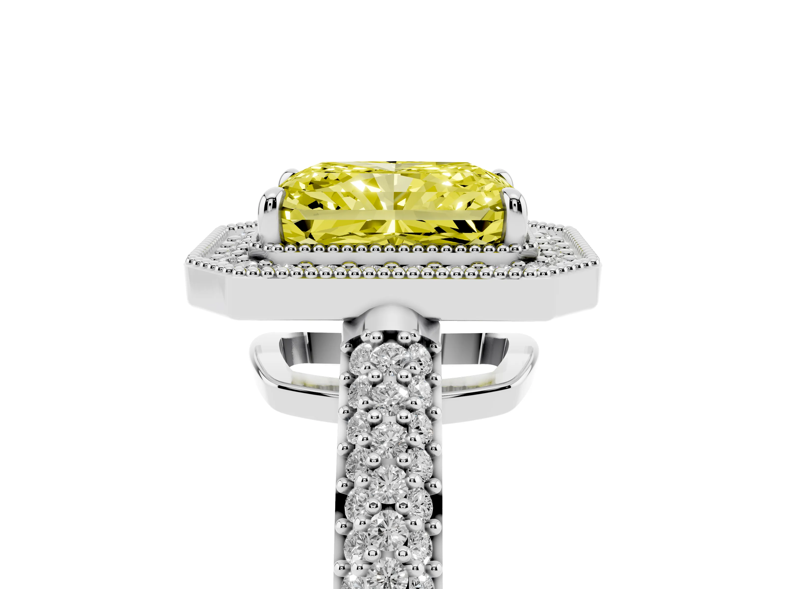 Fancy Yellow Radiant Cut Diamond Halo Pavé Band Set in White gold with Prong Setting