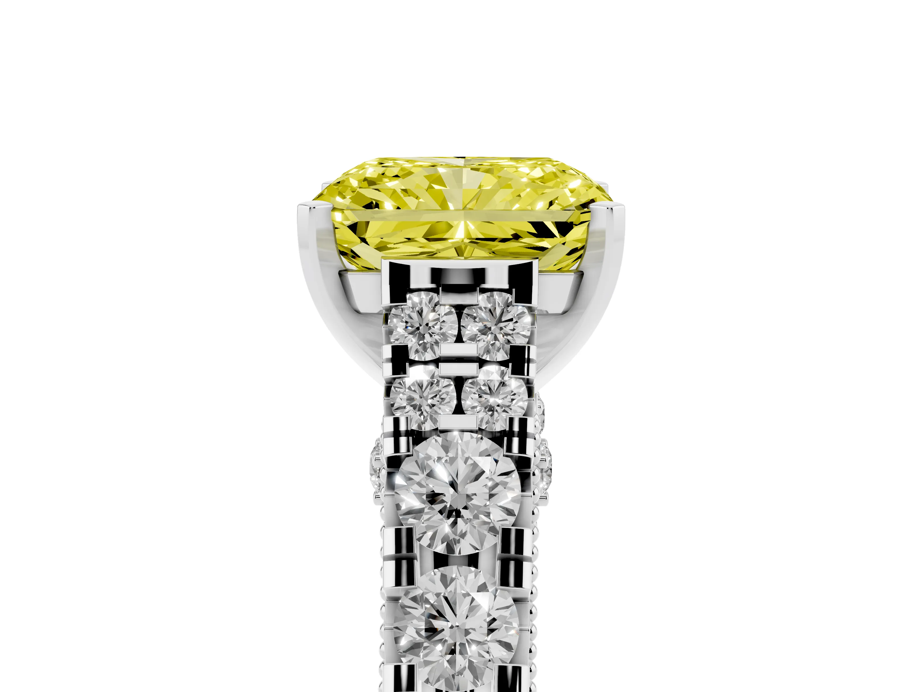 Fancy Yellow Radiant Cut Diamond Classic Solitaire Ring Set in Silver with Pavé Band and Prong Setting