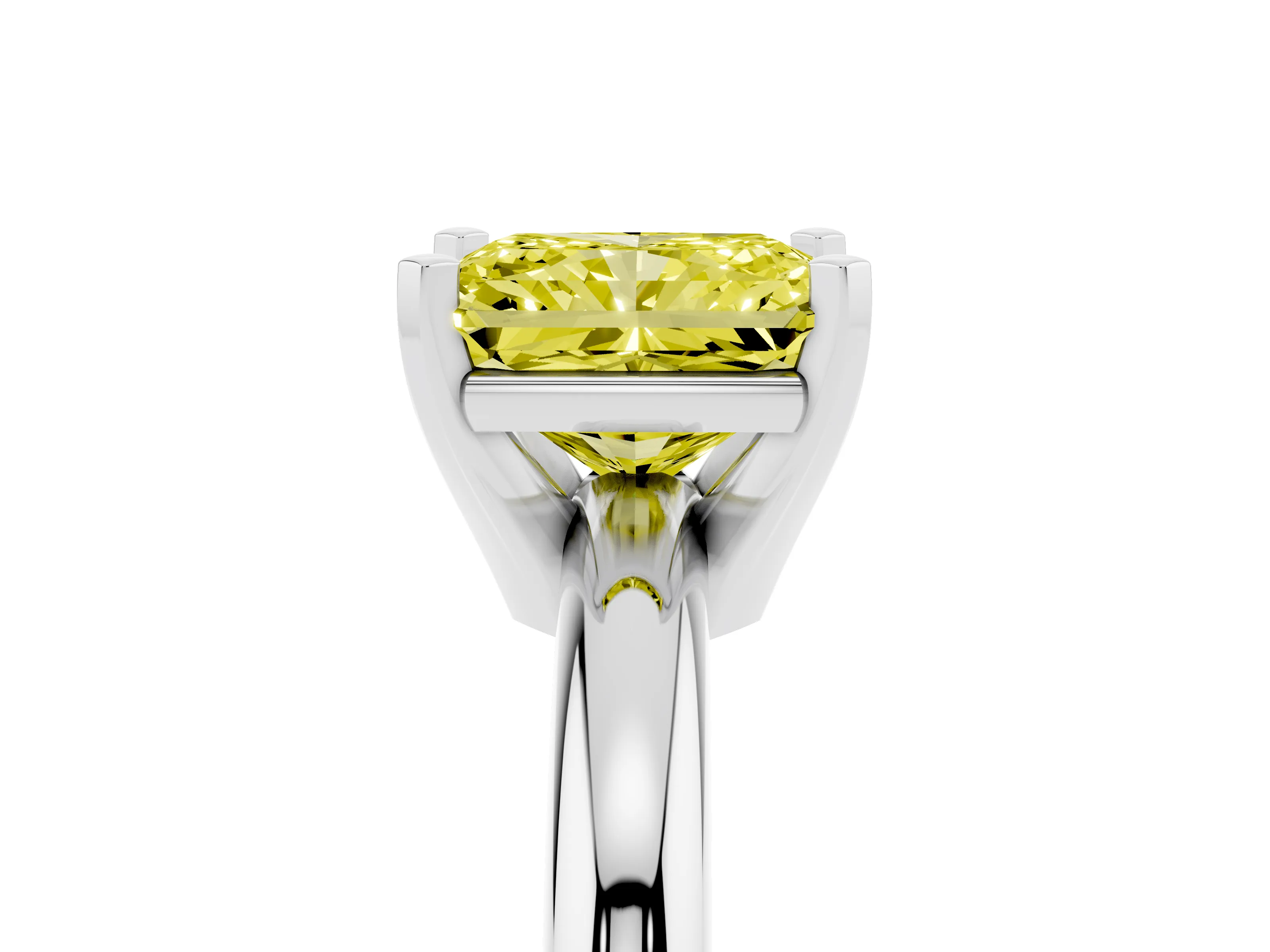 Fancy Yellow Radiant Cut Diamond Solitaire Engagement Ring Set in Platinum with Round Band and Prong Setting