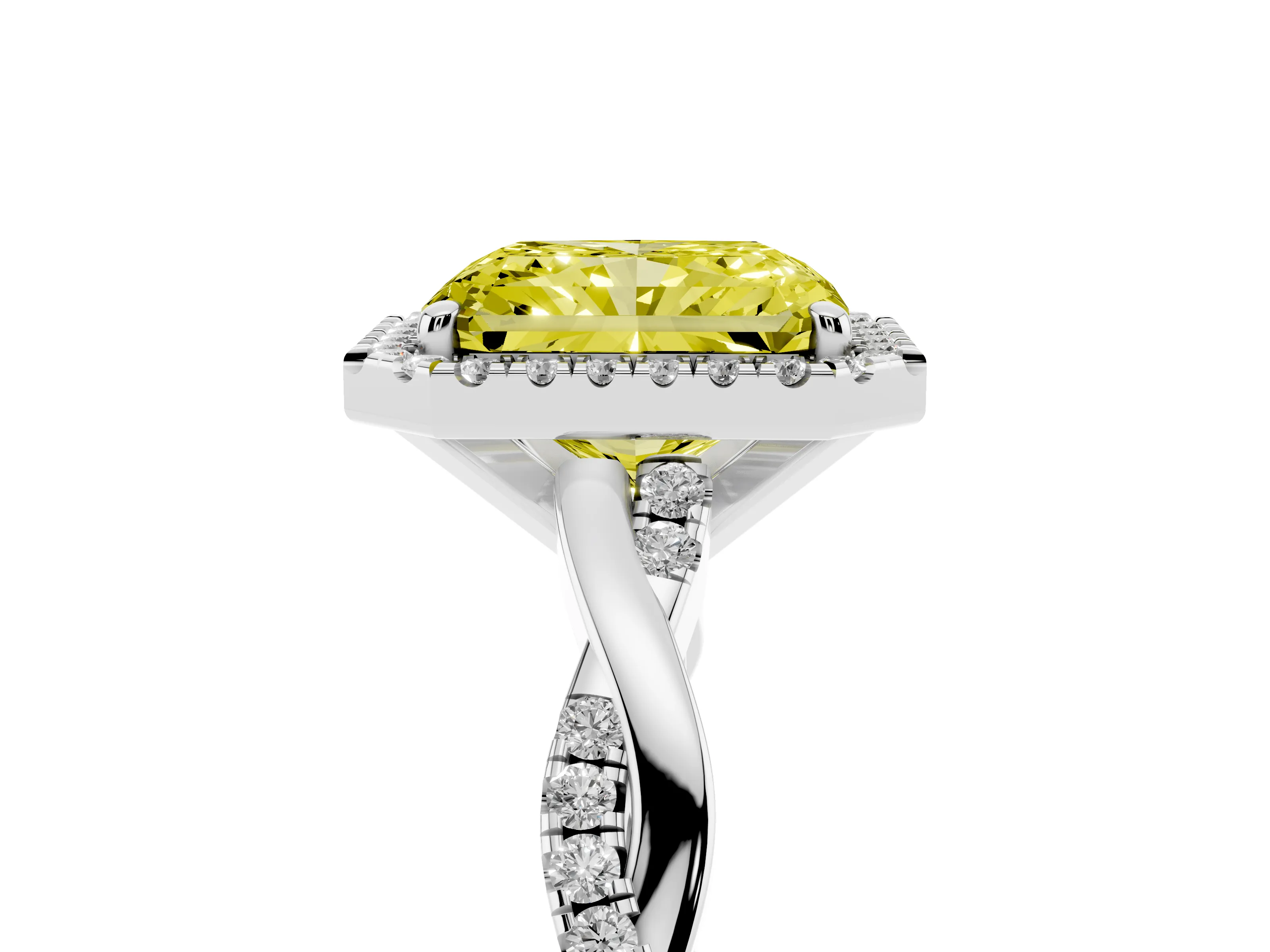 Fancy Yellow Radiant Cut Diamond Halo Twisted Band Ring Set in White gold with Prong Setting