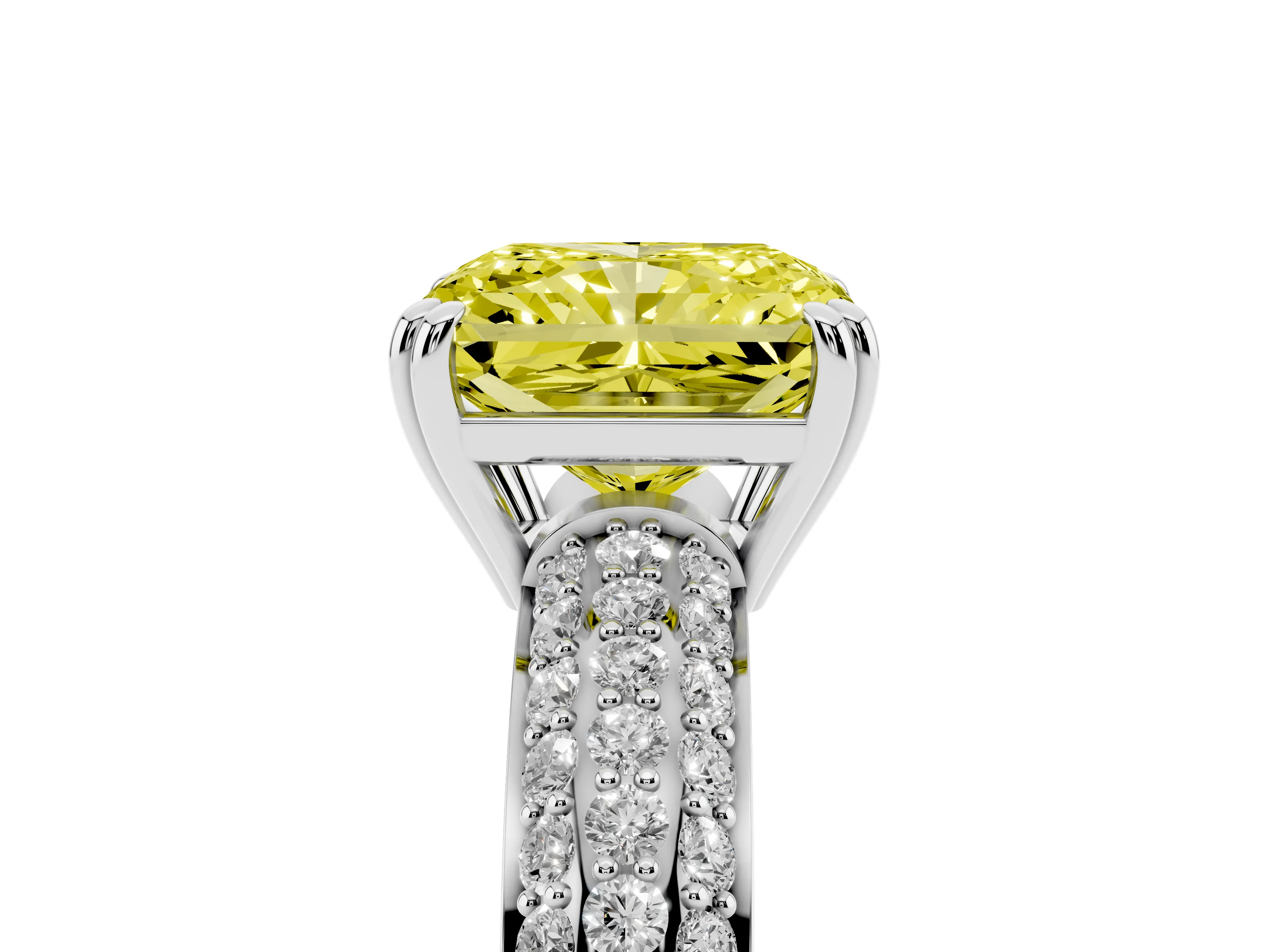 Fancy Yellow Radiant Cut Diamond Solitaire Ring Set in Platinum with Multi-Row Round Pavé Band and Prong Setting