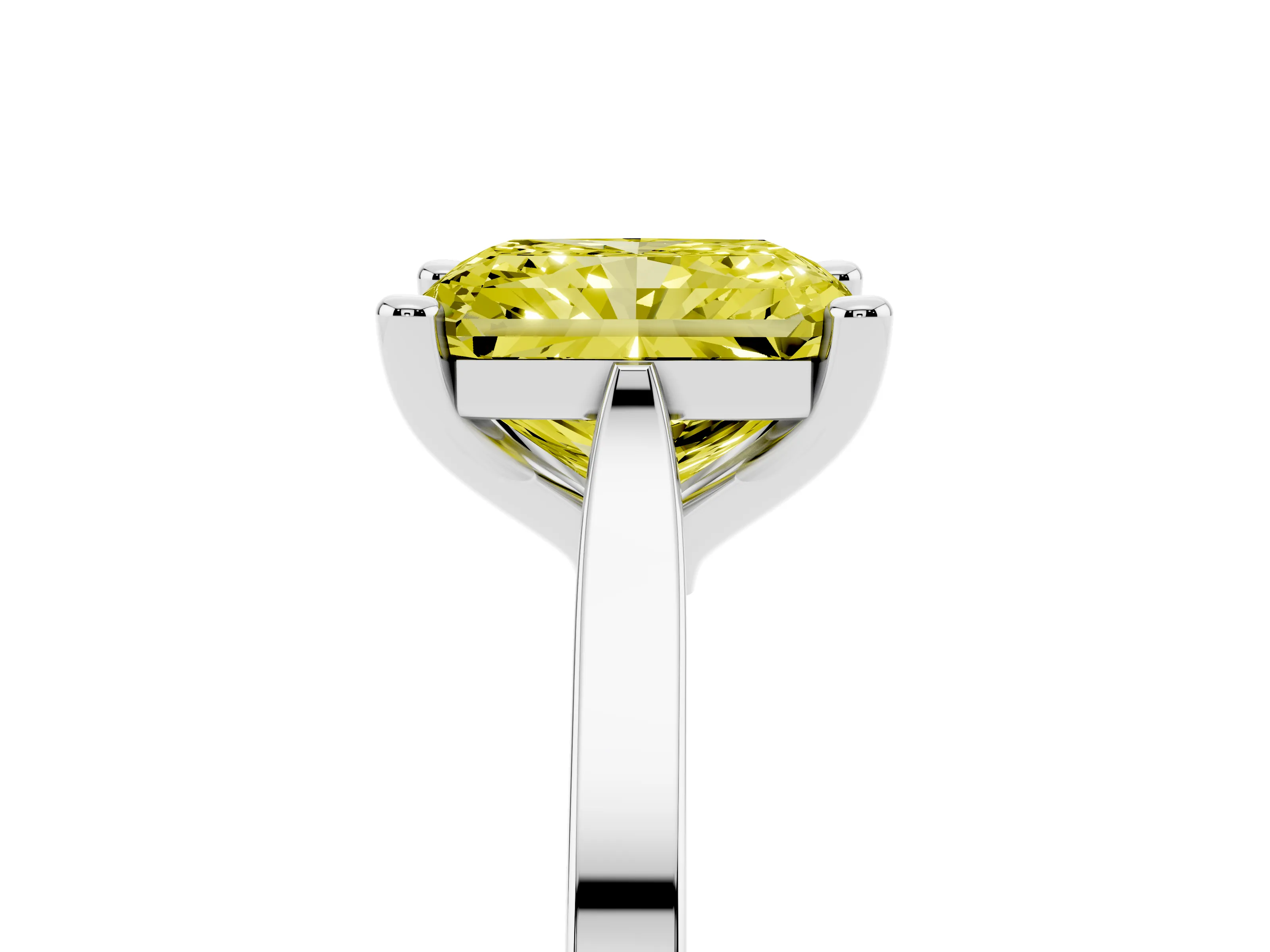 Fancy Yellow Radiant Cut Diamond Solitaire Ring Set in Platinum with Prong Setting and Tapered Band